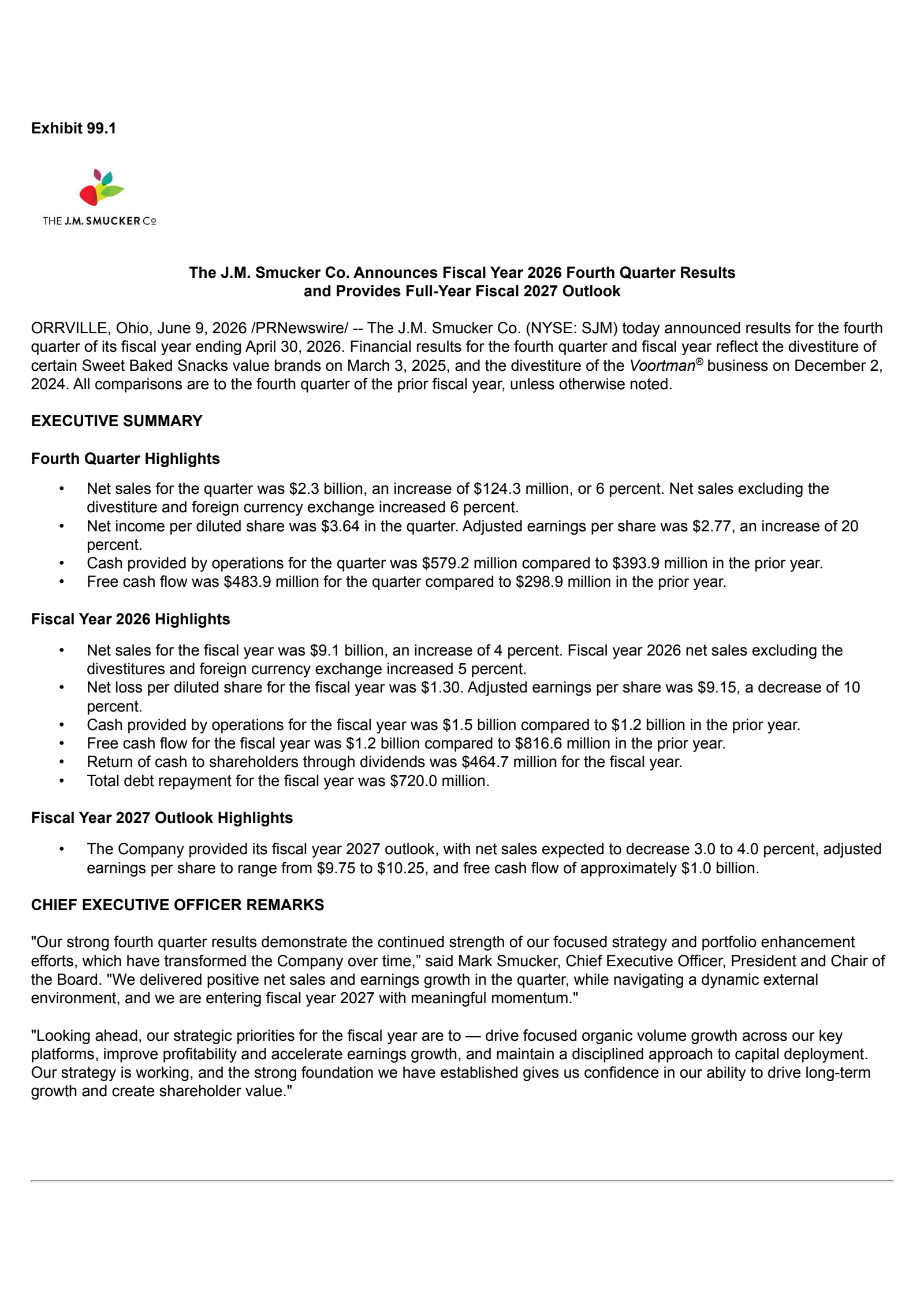 J. M. Smucker's Q4 2026 Prepared Remarks Press Release