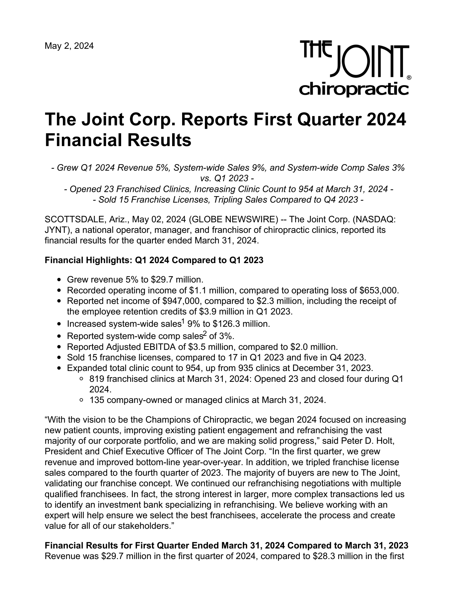 Joint's Q1 2024 Press Release