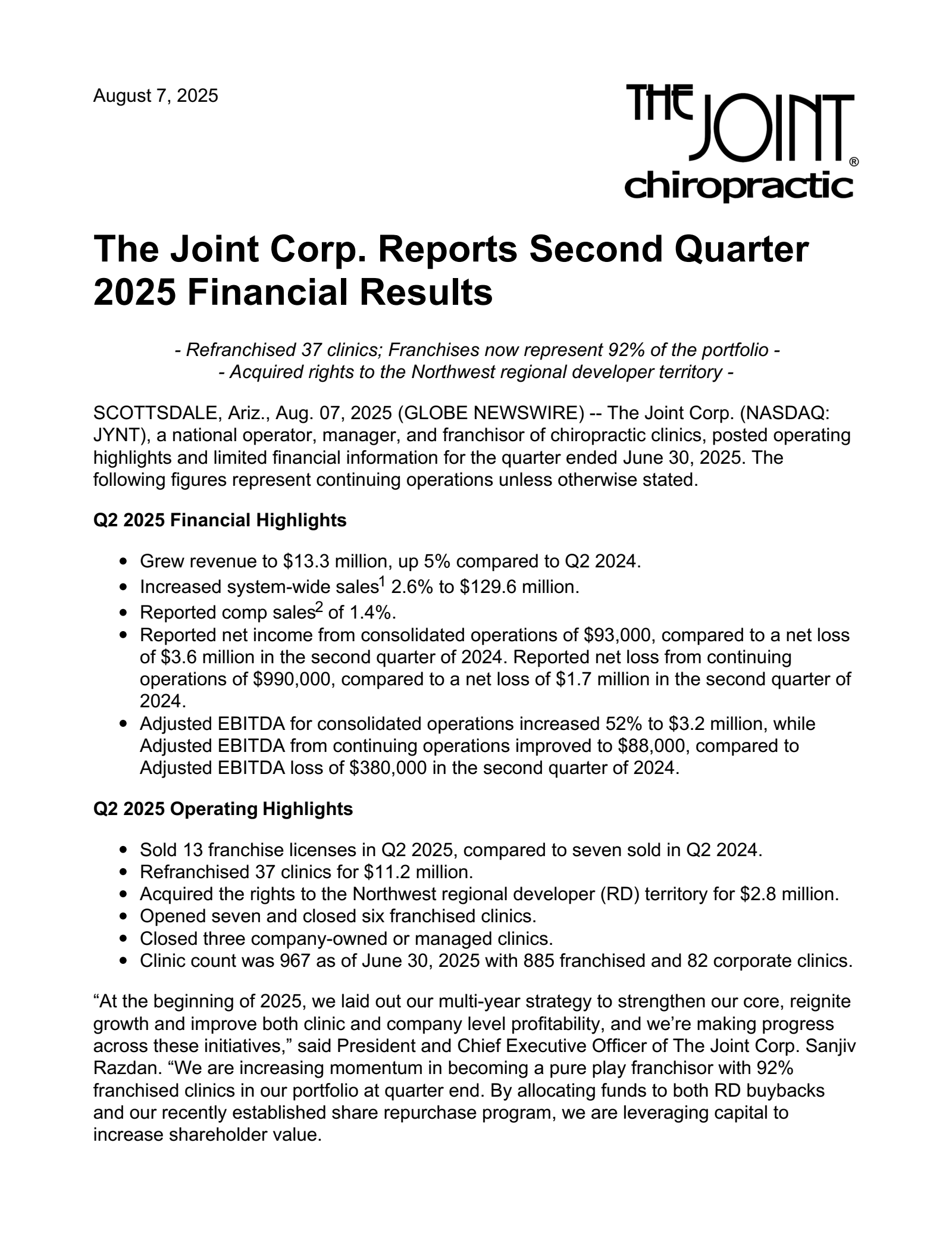 Joint's Q2 2025 Press Release