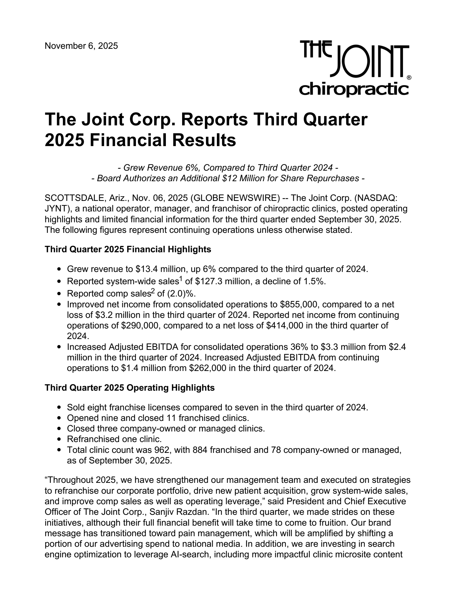 Joint's Q3 2025 Earnings Release
