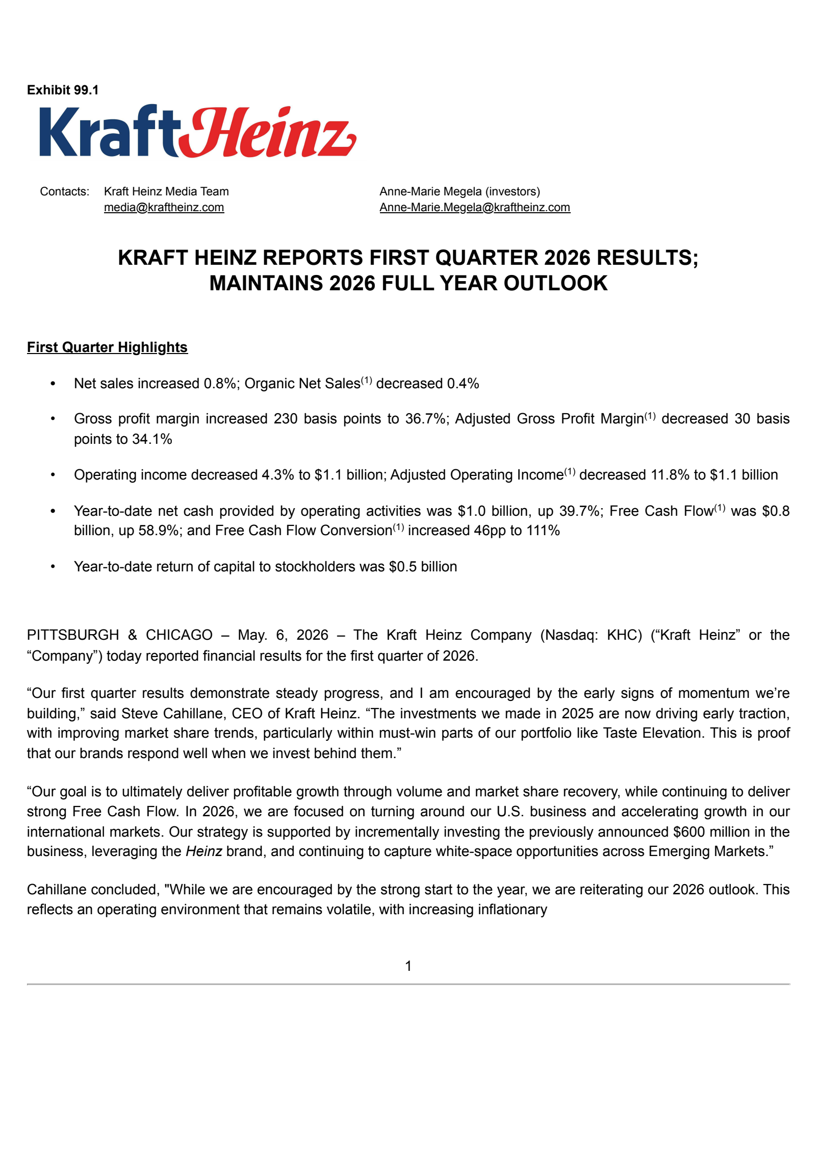 Kraft Heinz's Q1 2026 Prepared Remarks Press Release
