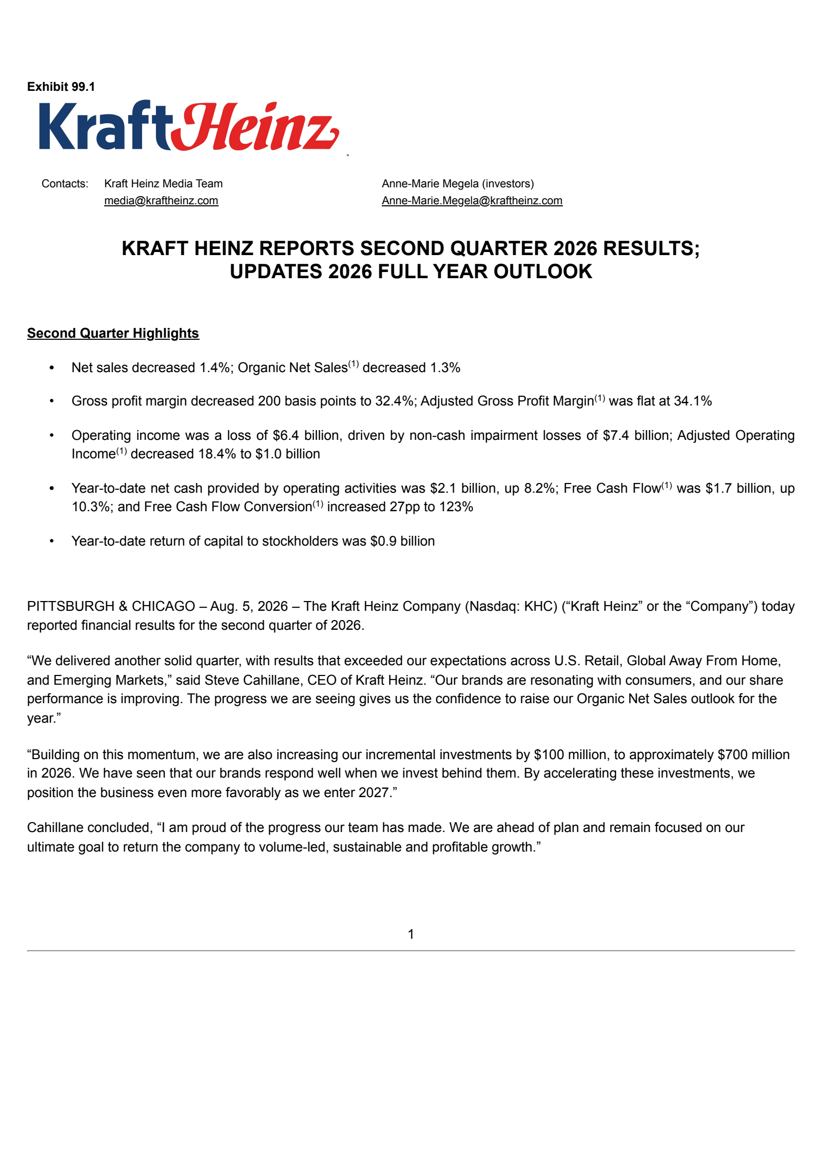 Kraft Heinz's Q2 2026 Prepared Remarks Press Release