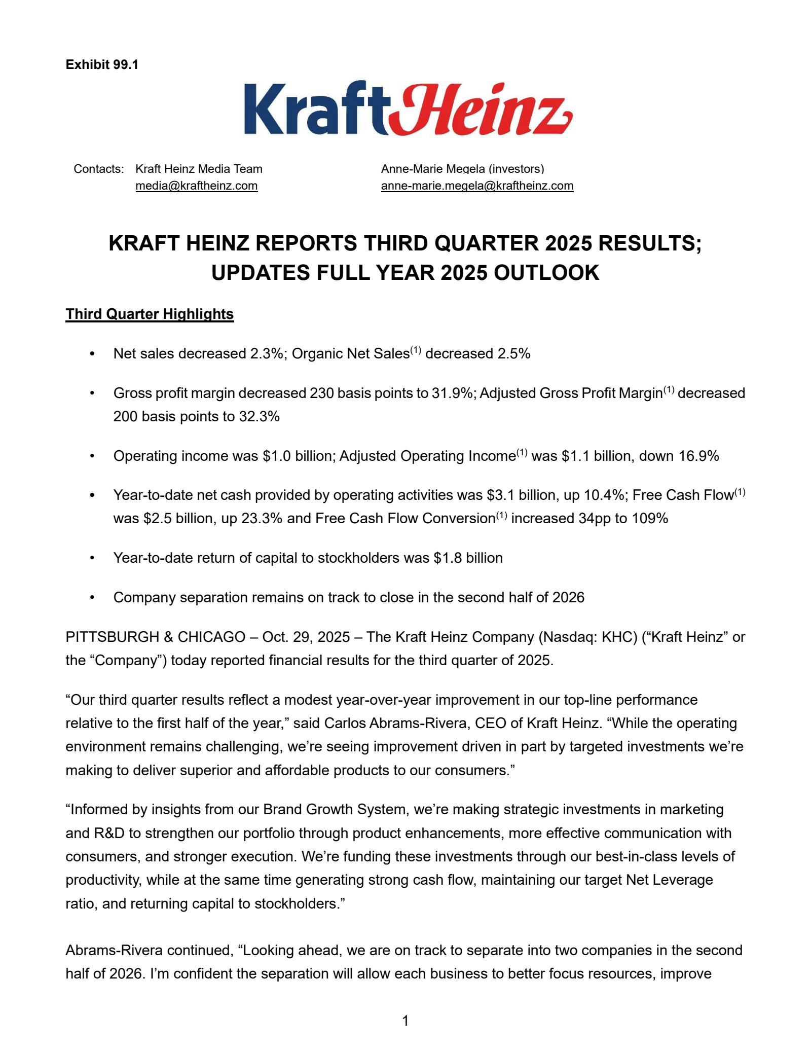 Kraft Heinz's Q3 2025 Prepared Remarks Earnings Release
