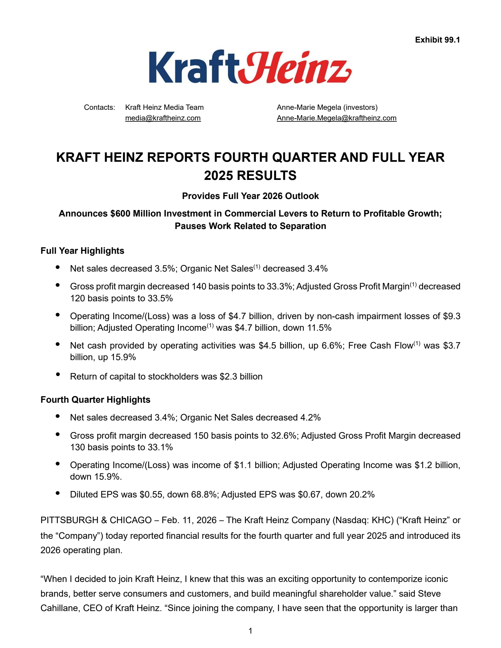Kraft Heinz's Q4 2025 Prepared Remarks Press Release