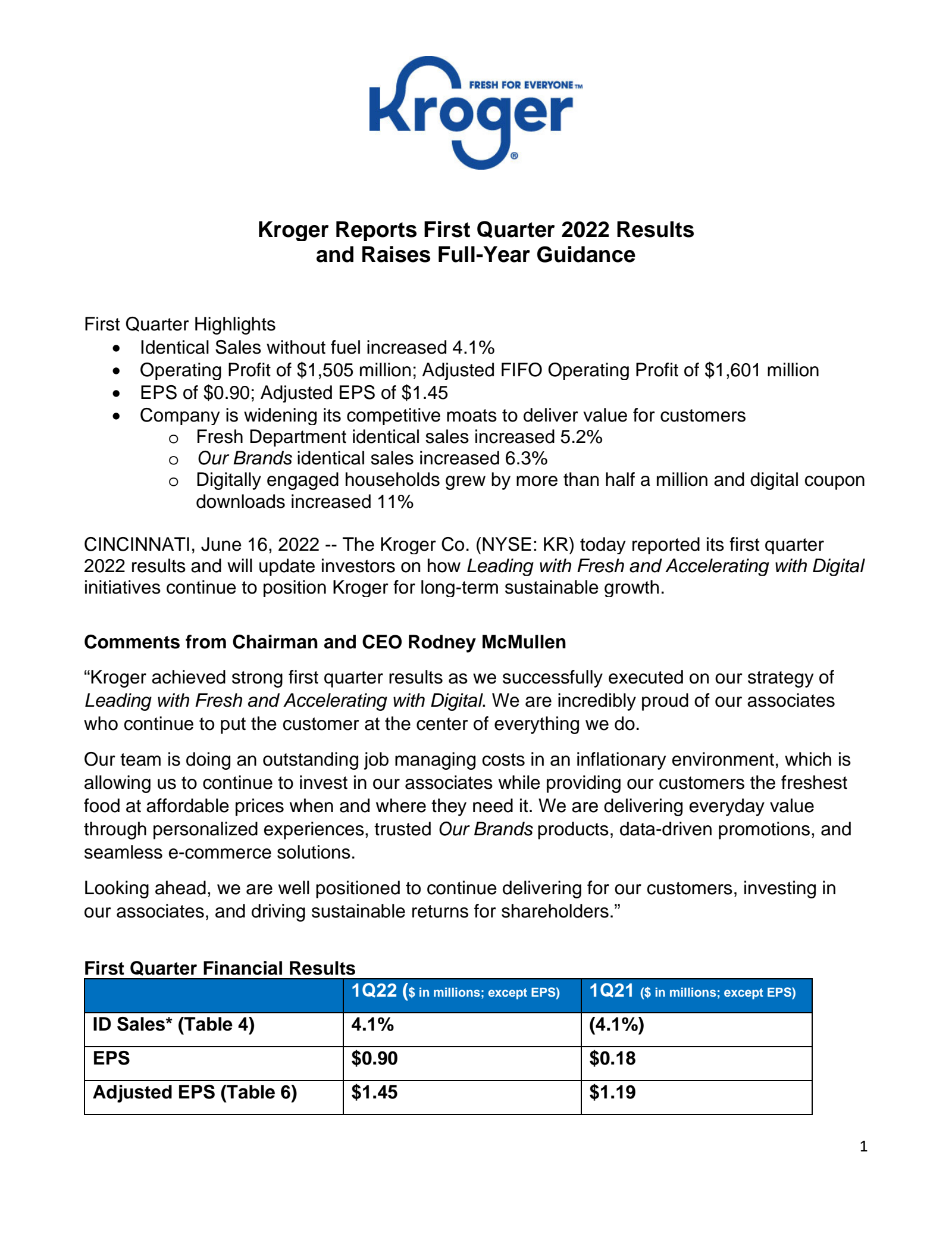 Kroger's Q1 2023 Earnings Release