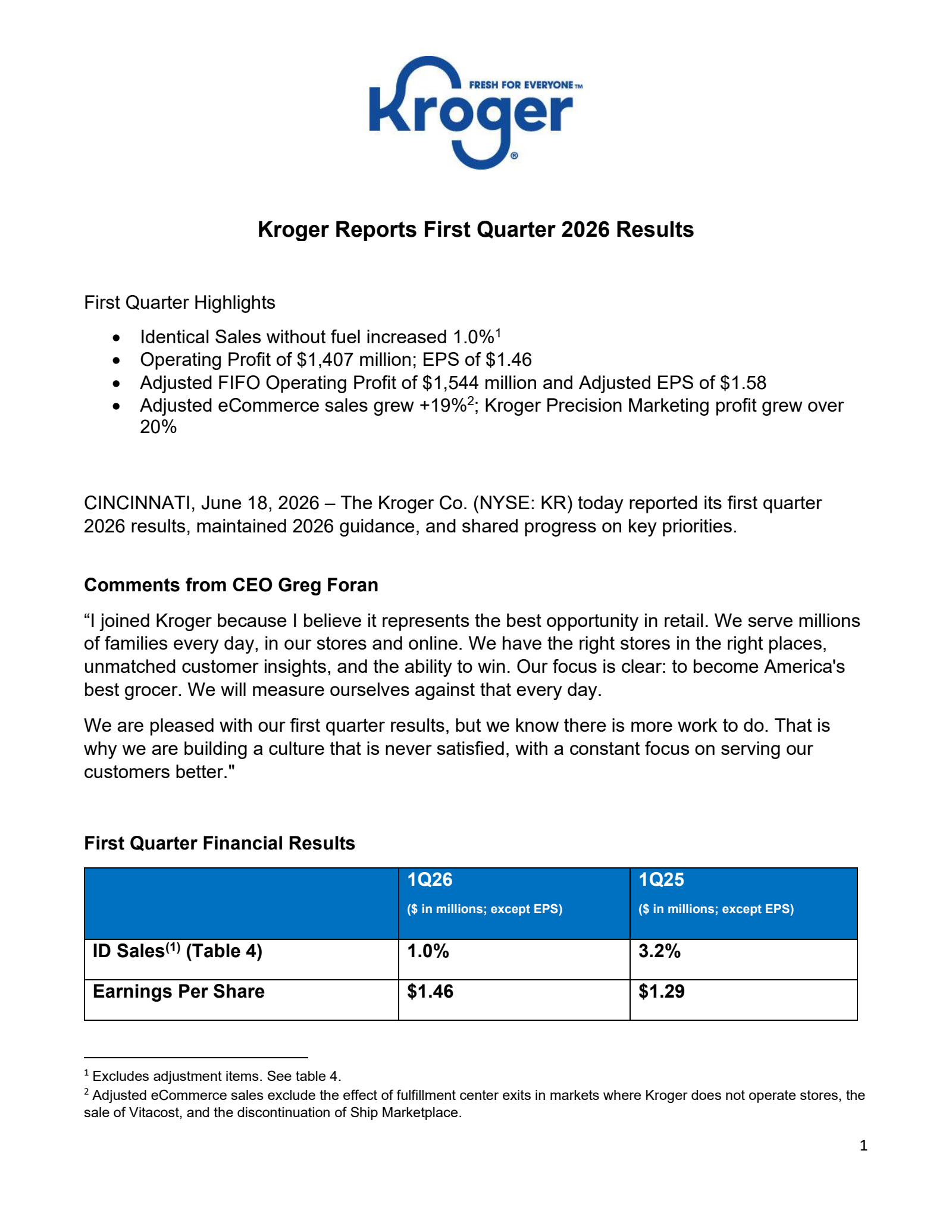 Kroger's Q1 2027 Press Release