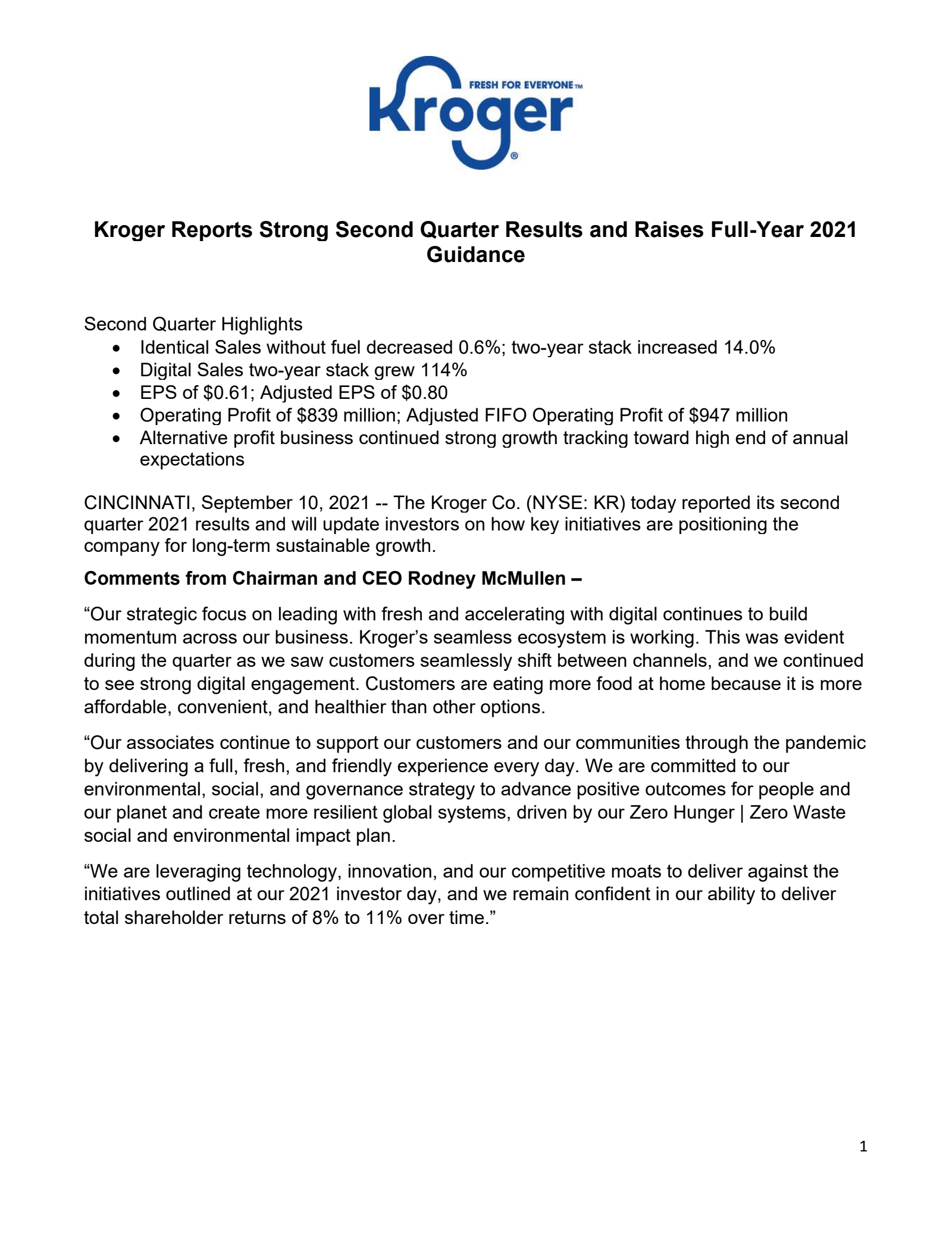 Kroger's Q2 2022 Earnings Release