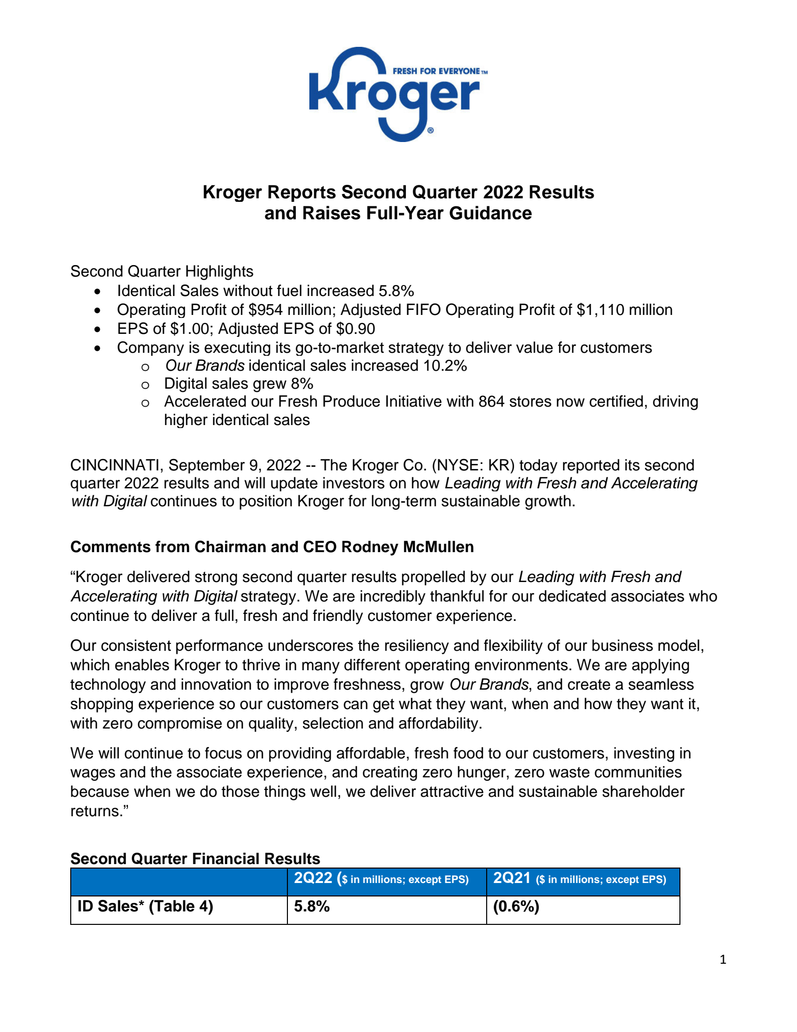 Kroger's Q2 2023 Earnings Release