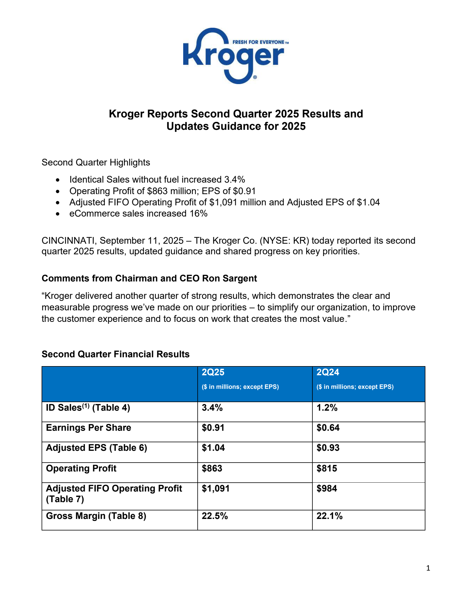 Kroger's Q2 2026 Earnings Release