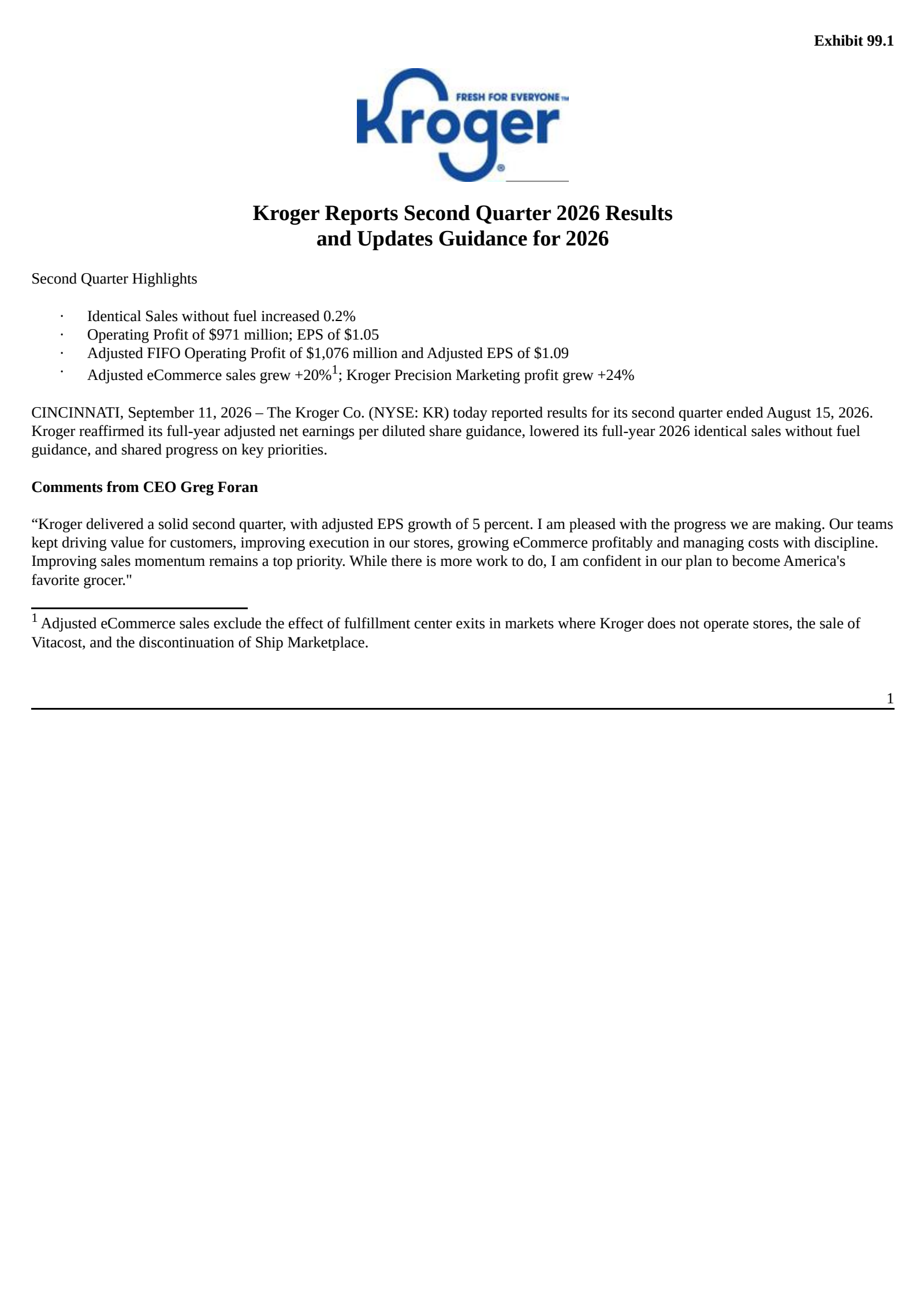 Kroger's Q2 2026 Press Release