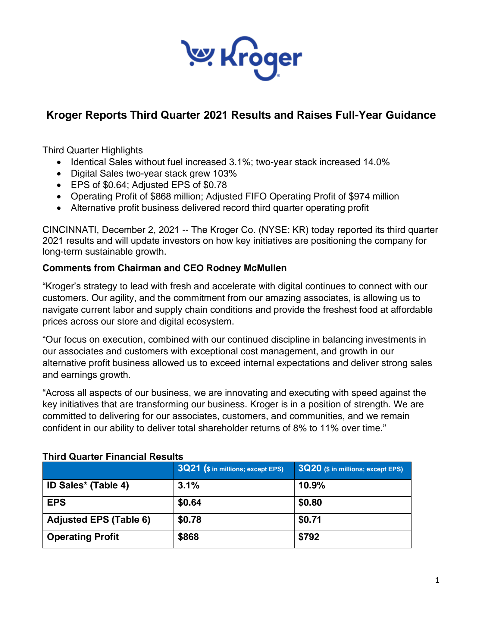 Kroger's Q3 2022 Earnings Release