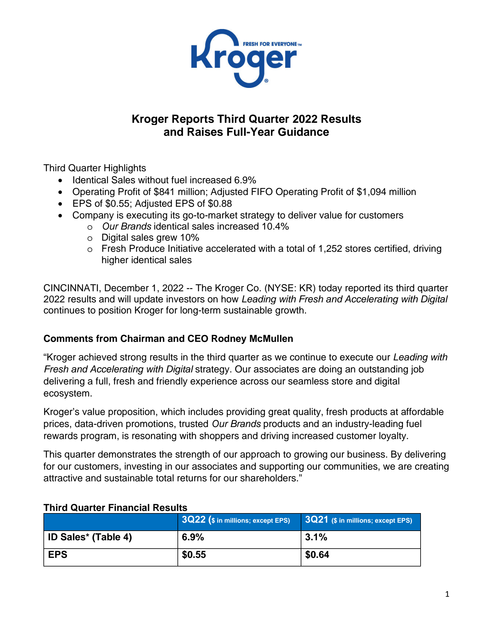 Kroger's Q3 2023 Earnings Release