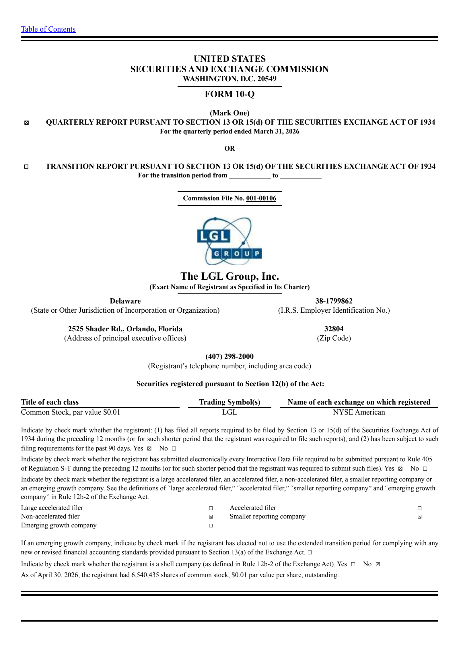 LGL Group's Q1 2026 Quarterly report