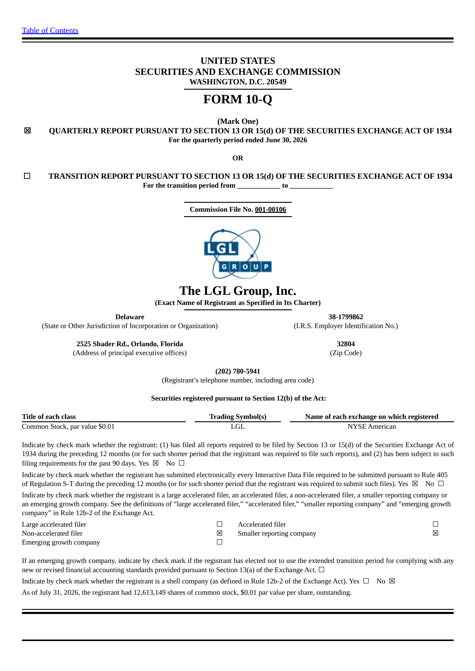 LGL Group's Q2 2026 Quarterly report