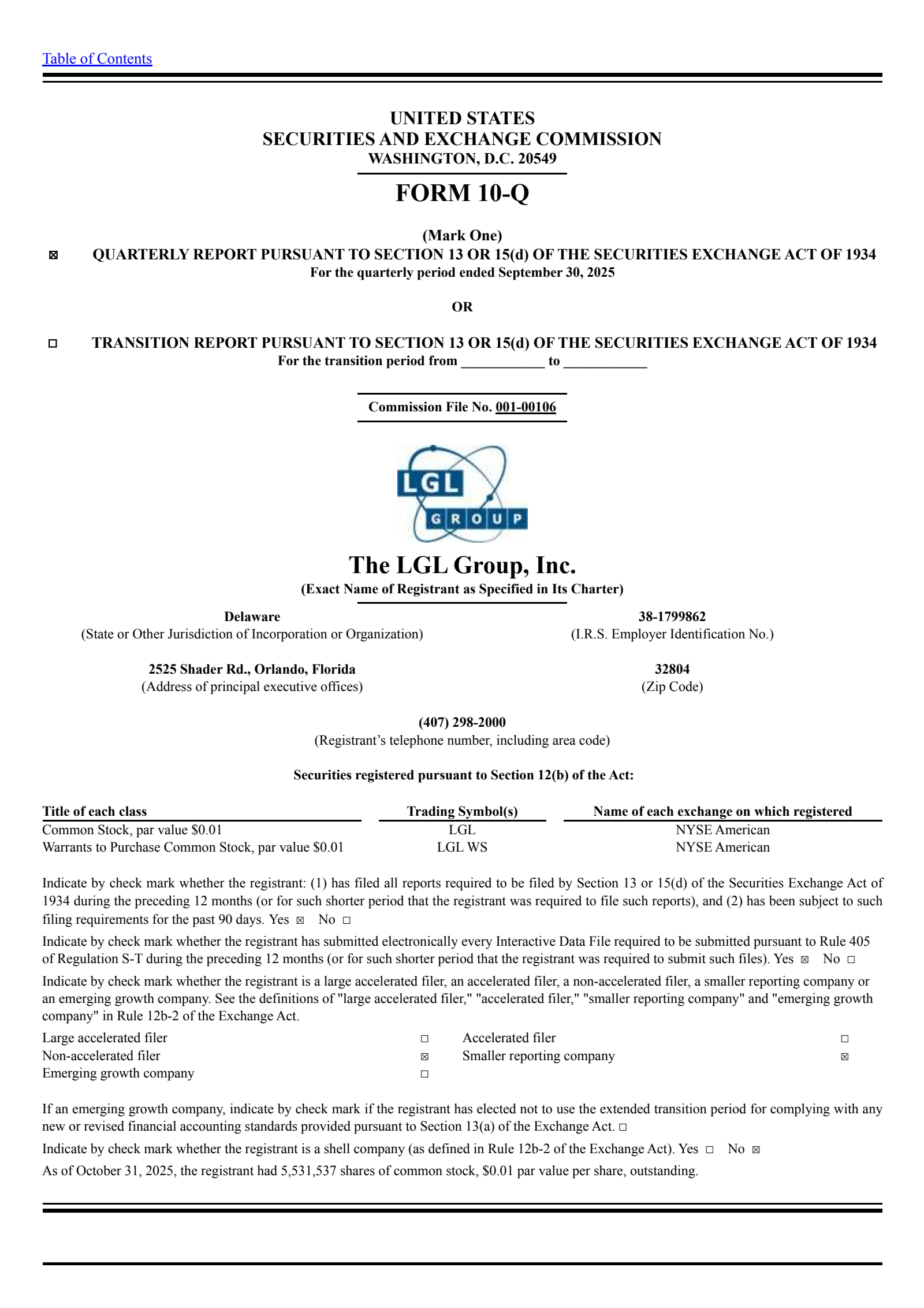 LGL Group's Q3 2025 Quarterly Report