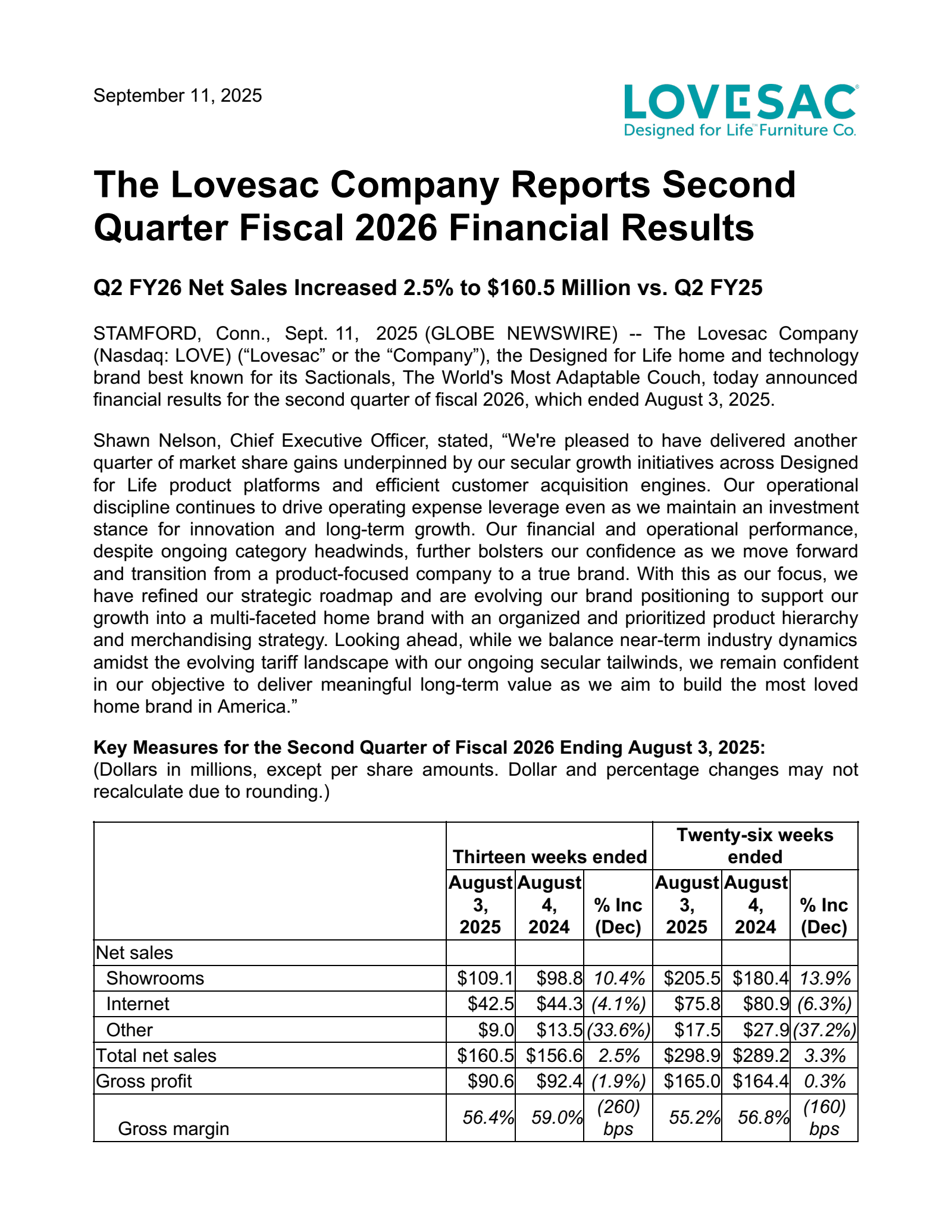 Lovesac's Q2 2026 Earnings Release