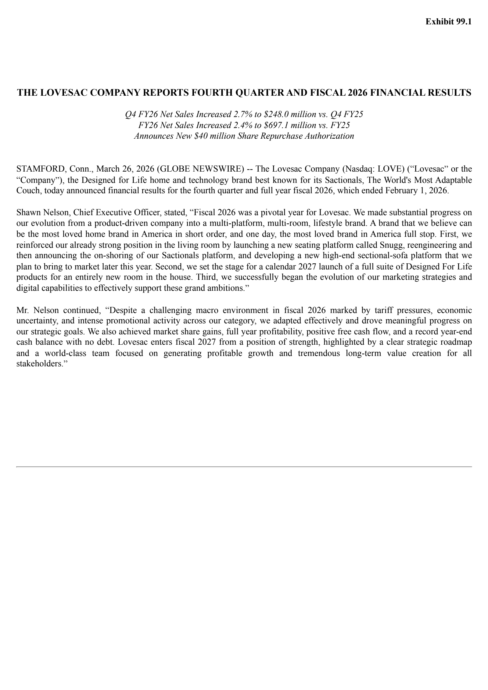 Lovesac's Q4 2026 Press Release