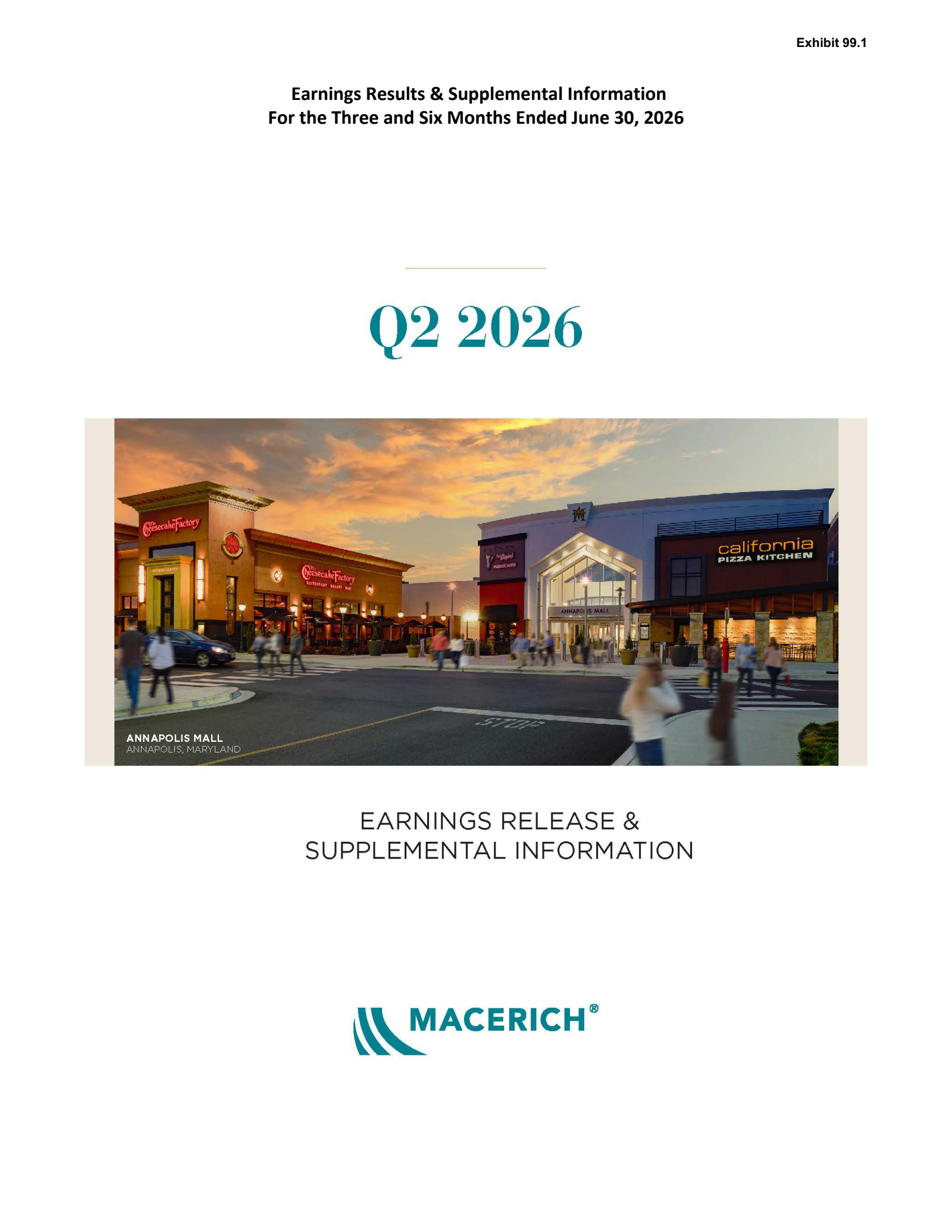 Macerich's Q2 2026 Press Release