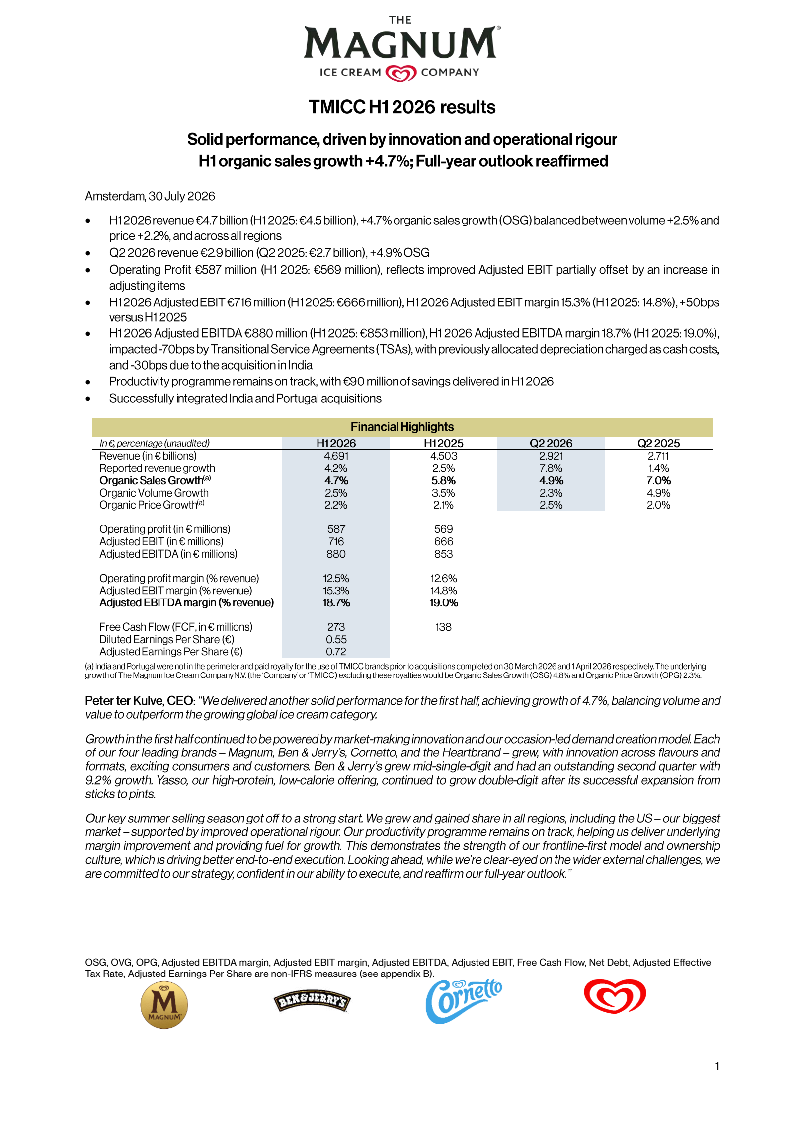 Magnum Ice Cream's H1 2026 Press Release
