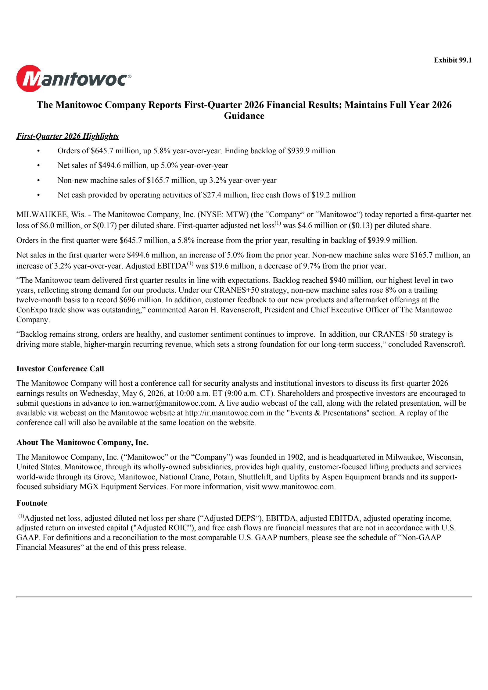 Manitowoc's Q1 2026 Press Release