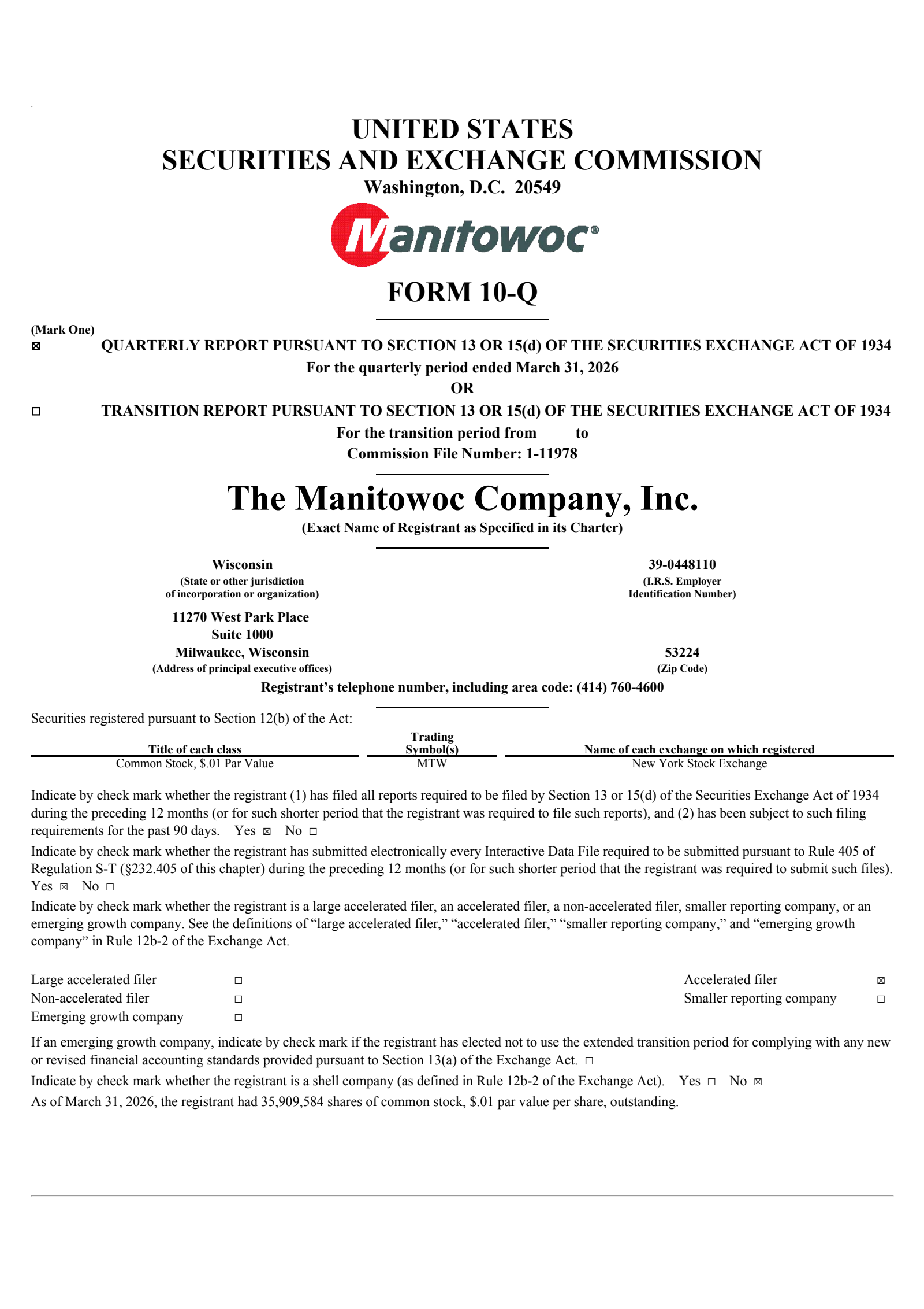 Manitowoc's Q1 2026 Quarterly report