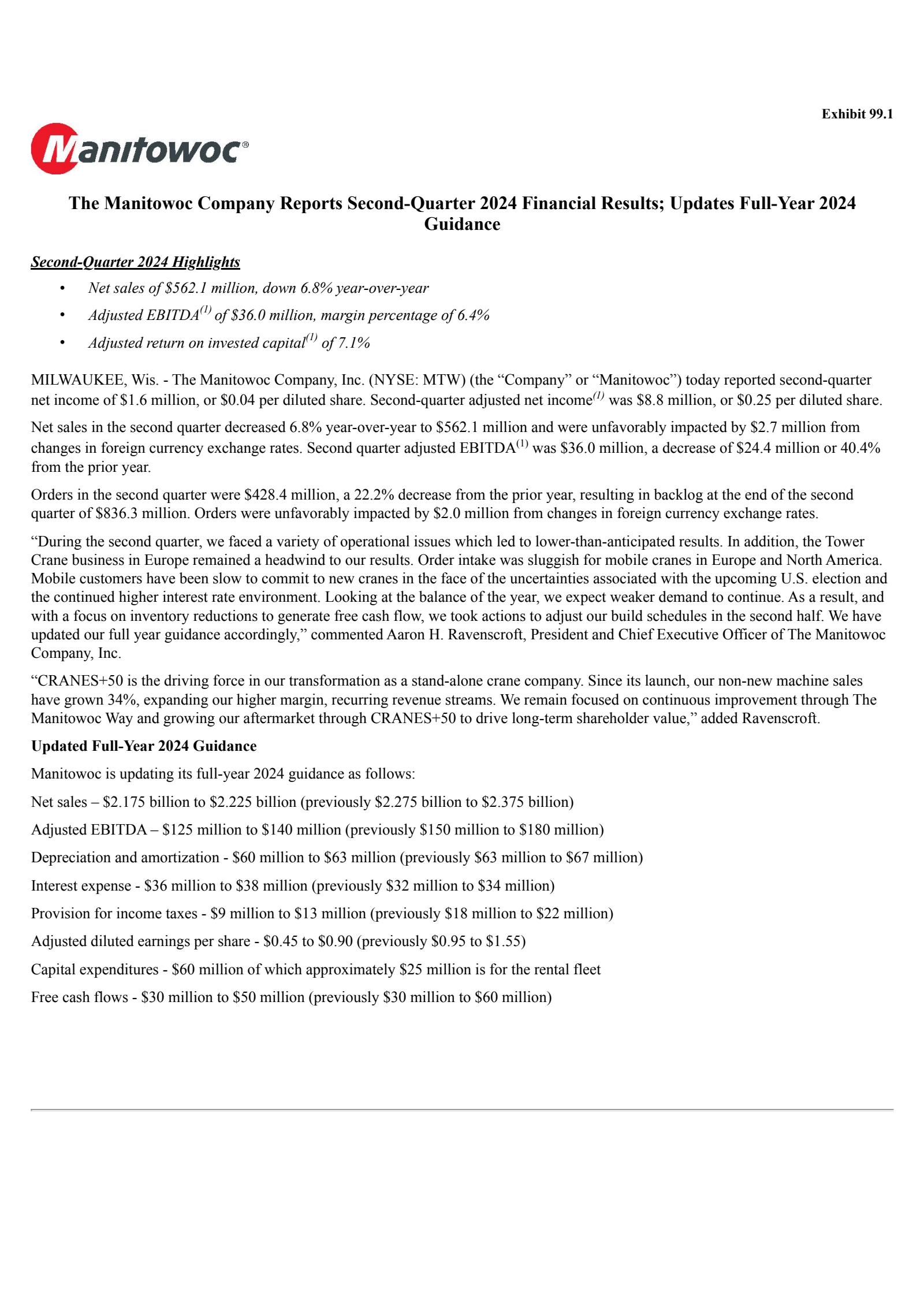 Manitowoc's Q2 2024 Press Release