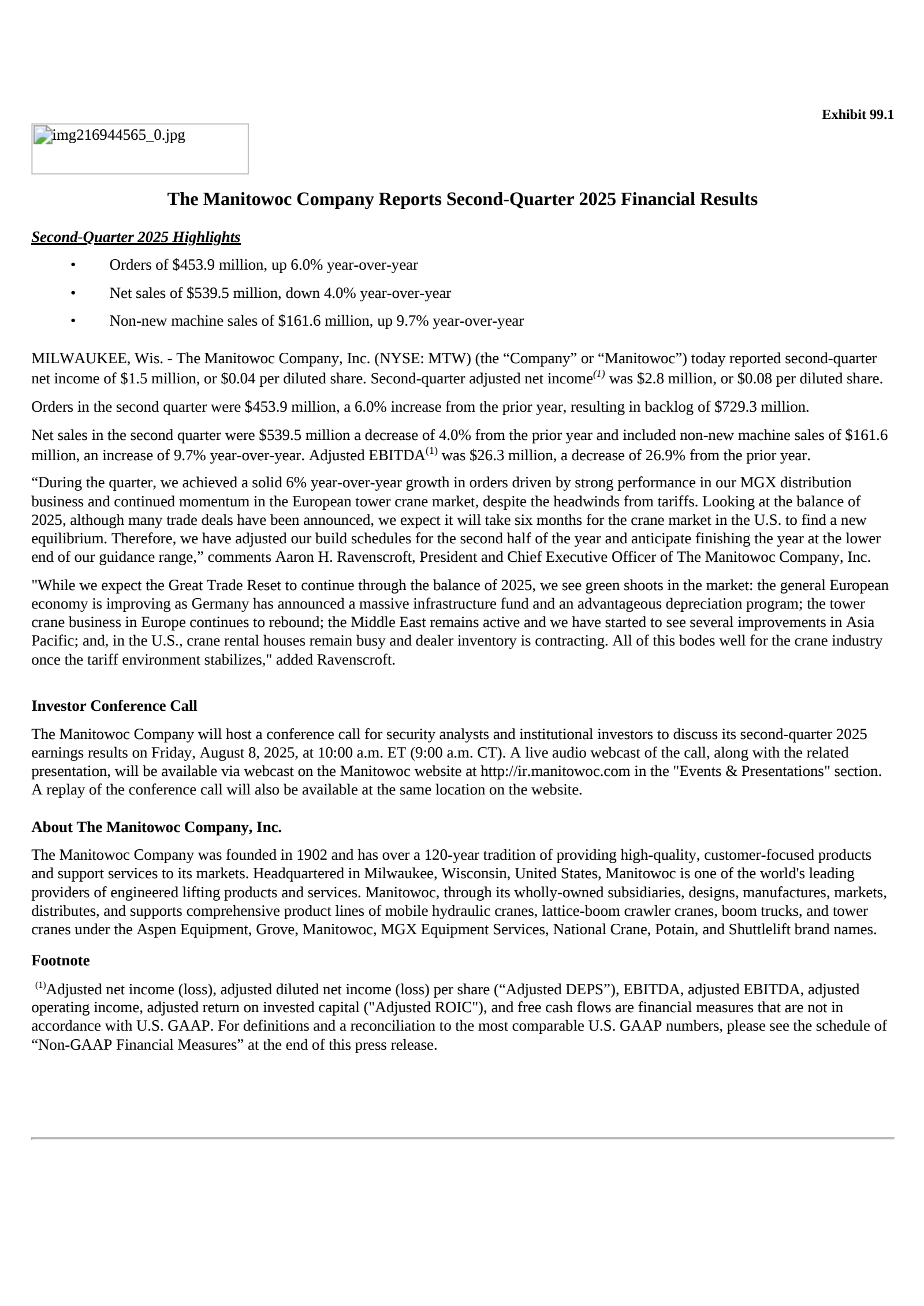 Manitowoc's Q2 2025 Press Release