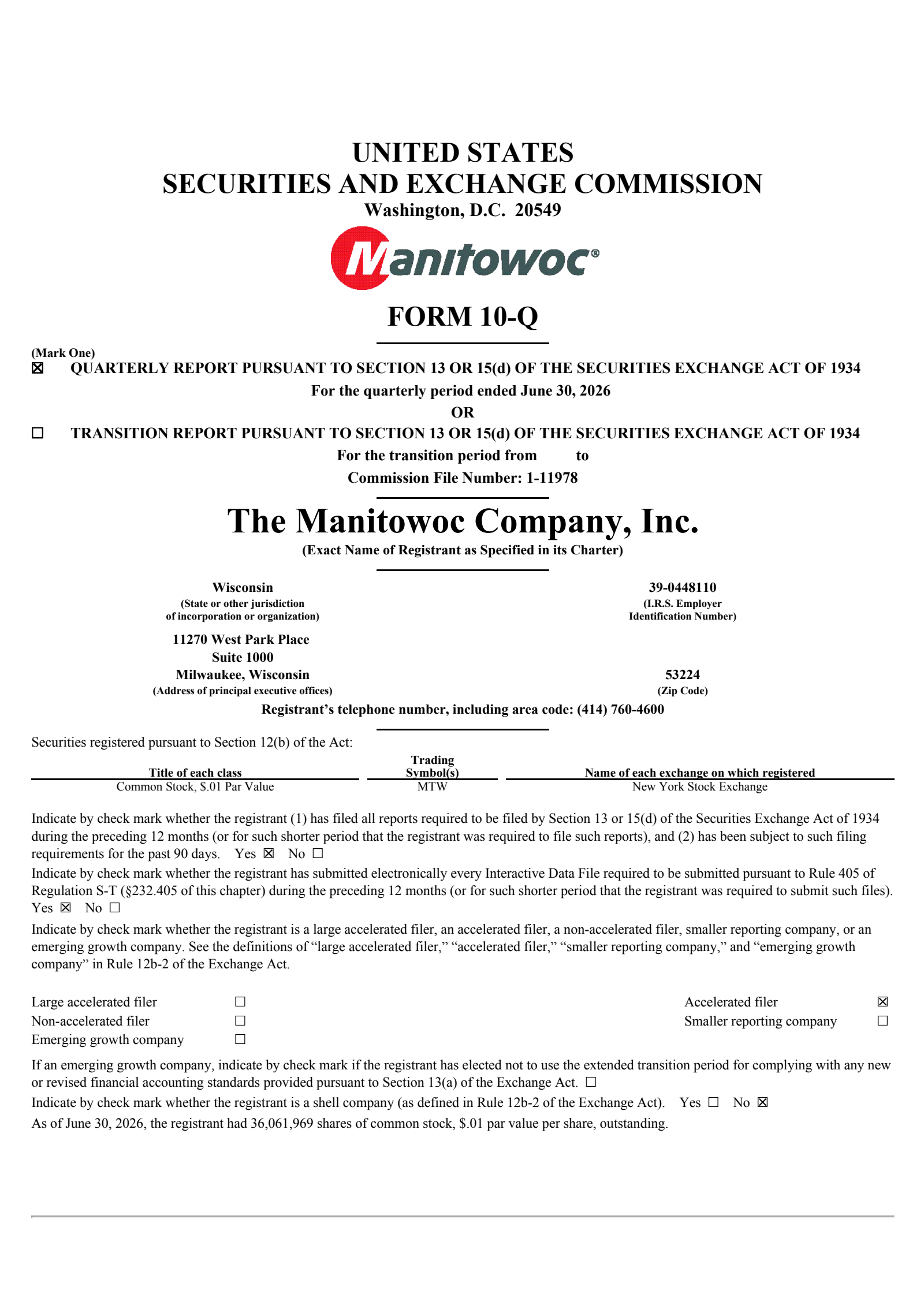 Manitowoc's Q2 2026 Quarterly report