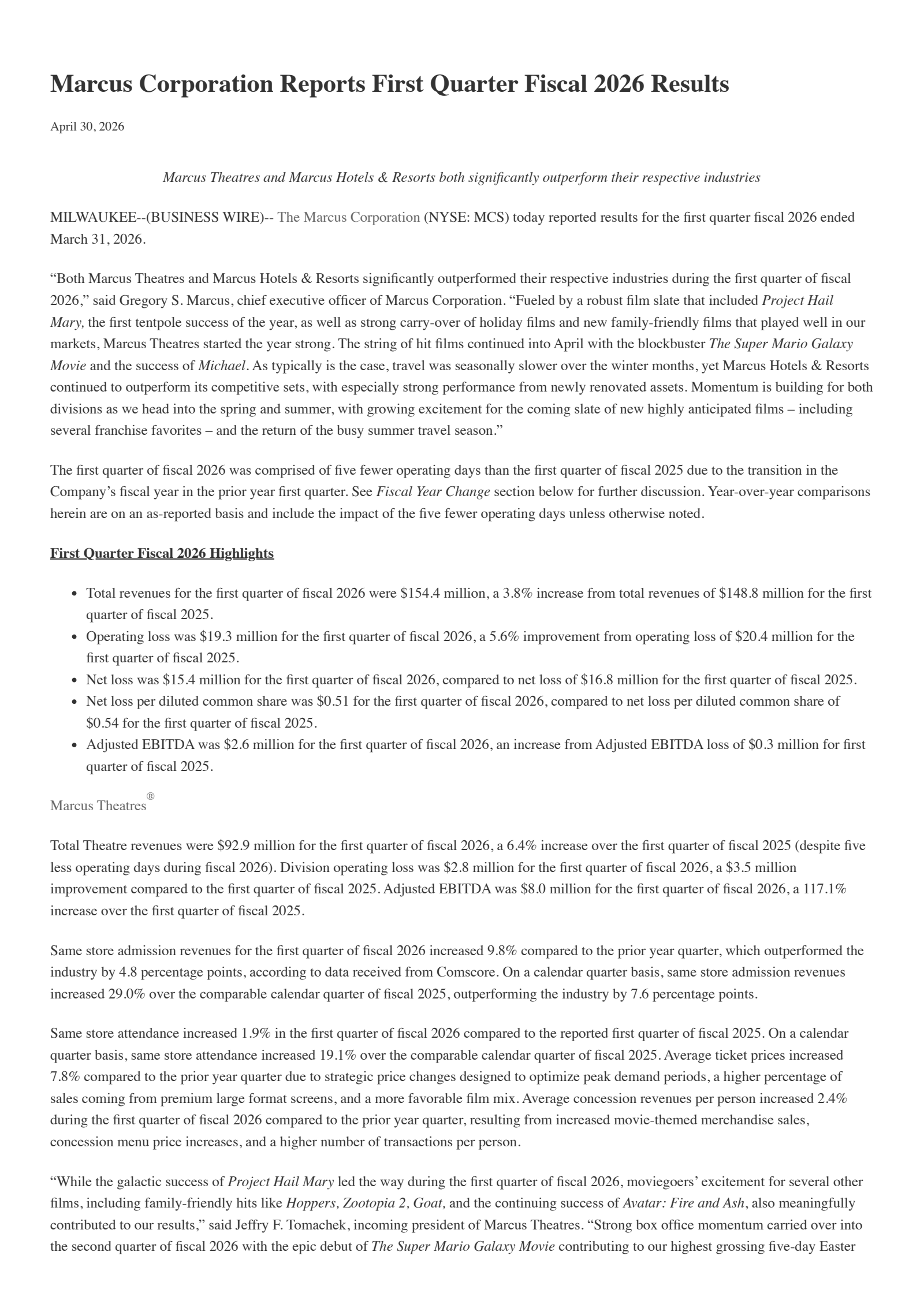 Marcus' Q1 2026 Press Release