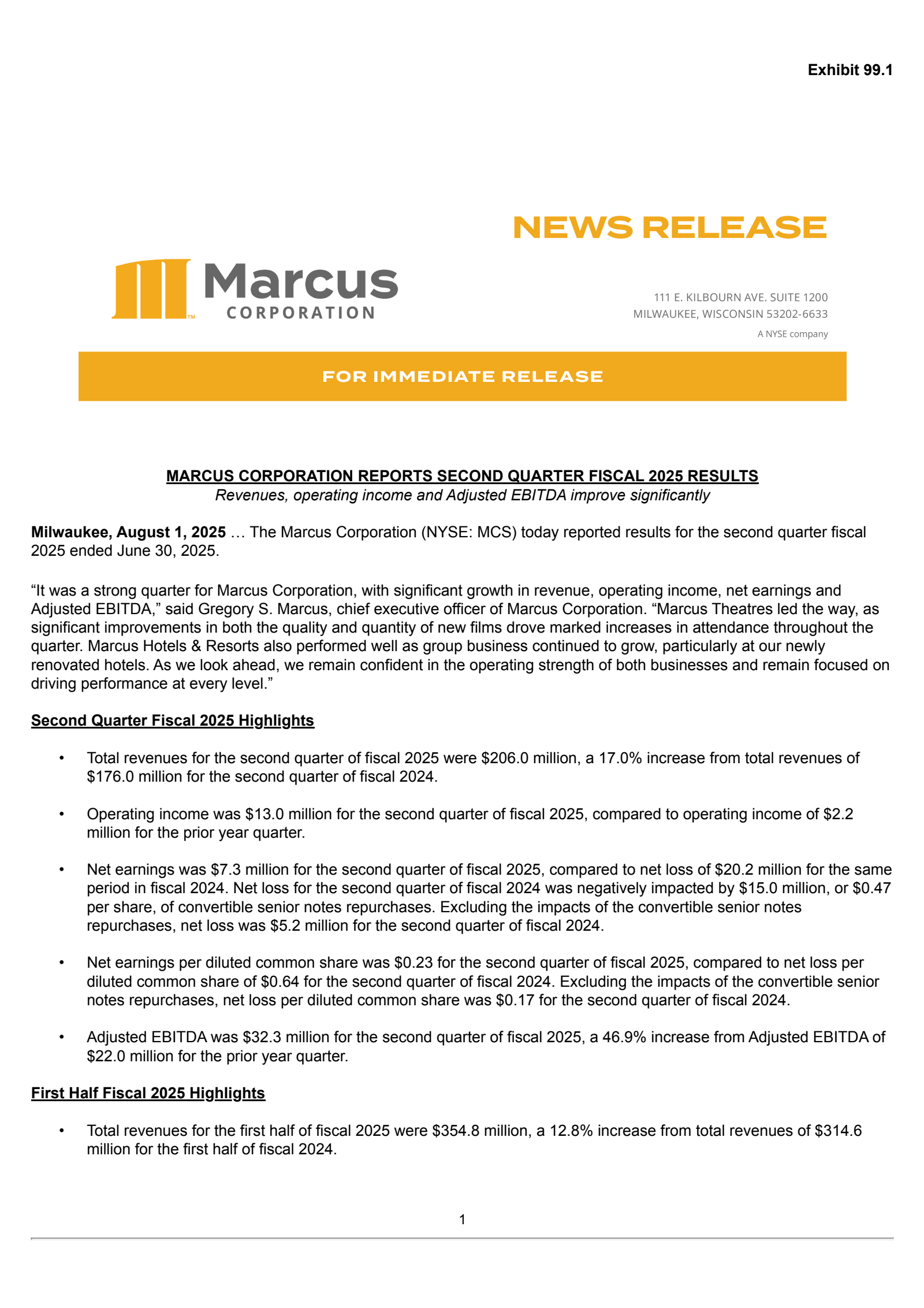 Marcus' Q2 2025 Press Release