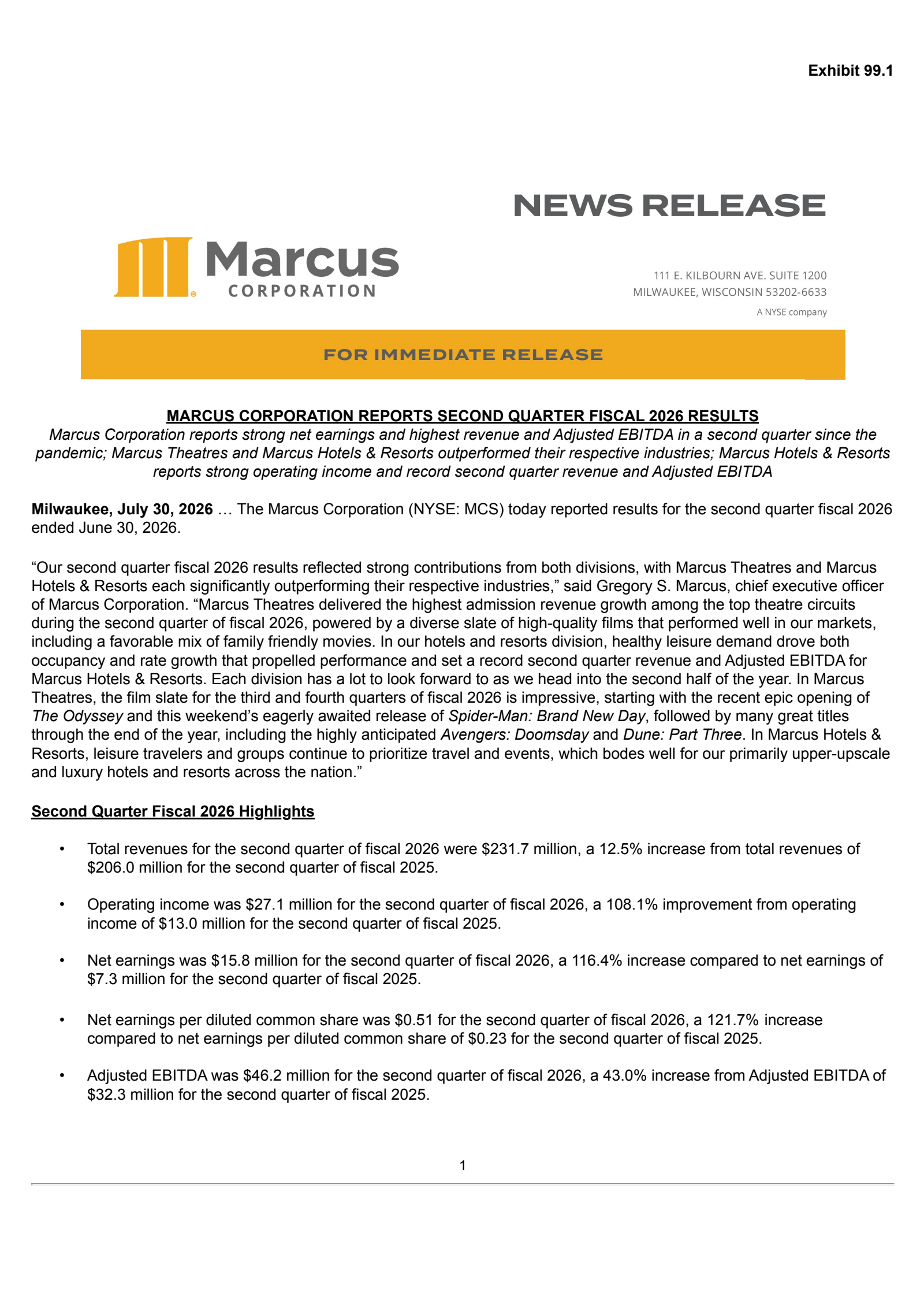 Marcus' Q2 2026 Press Release
