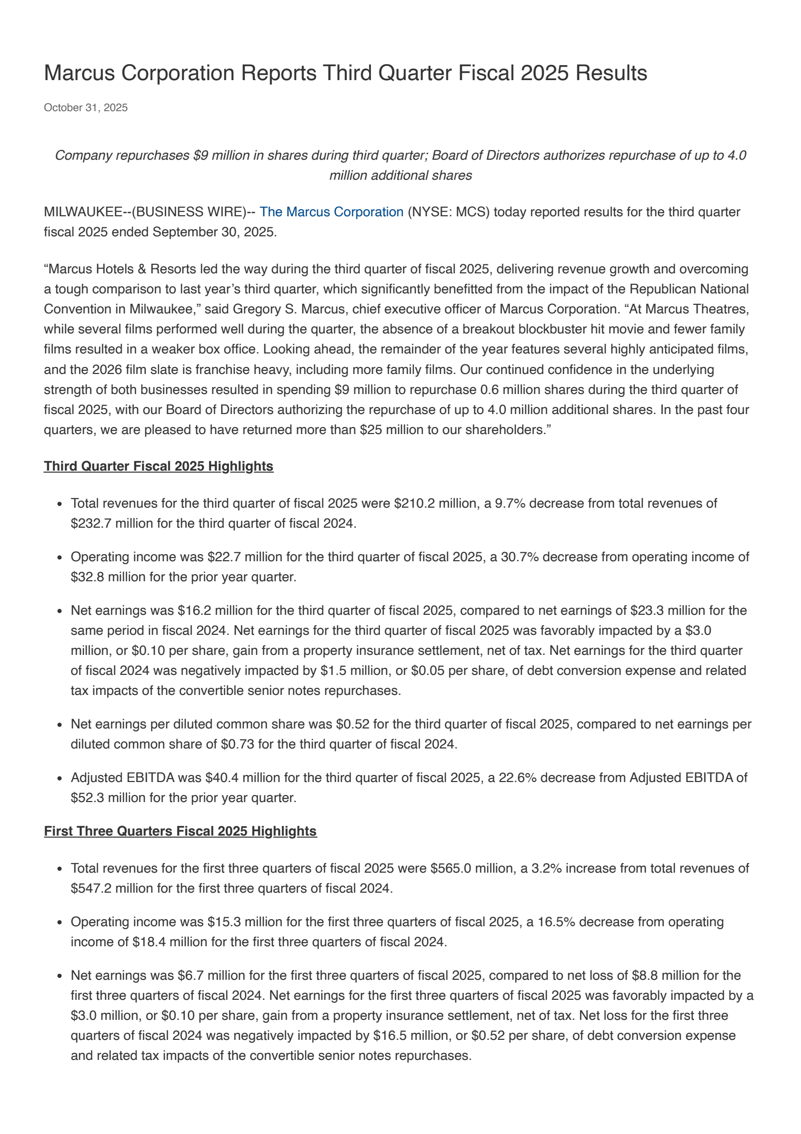 Marcus' Q3 2025 Earnings Release
