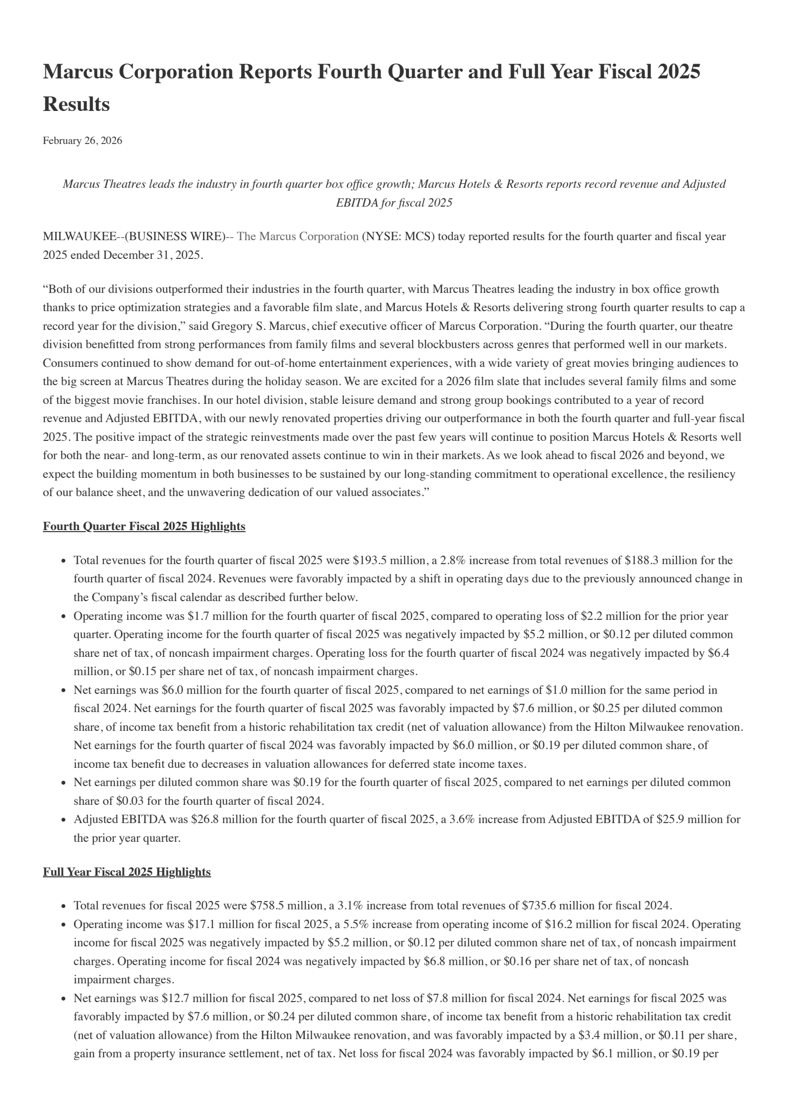 Marcus' Q4 2025 Press Release