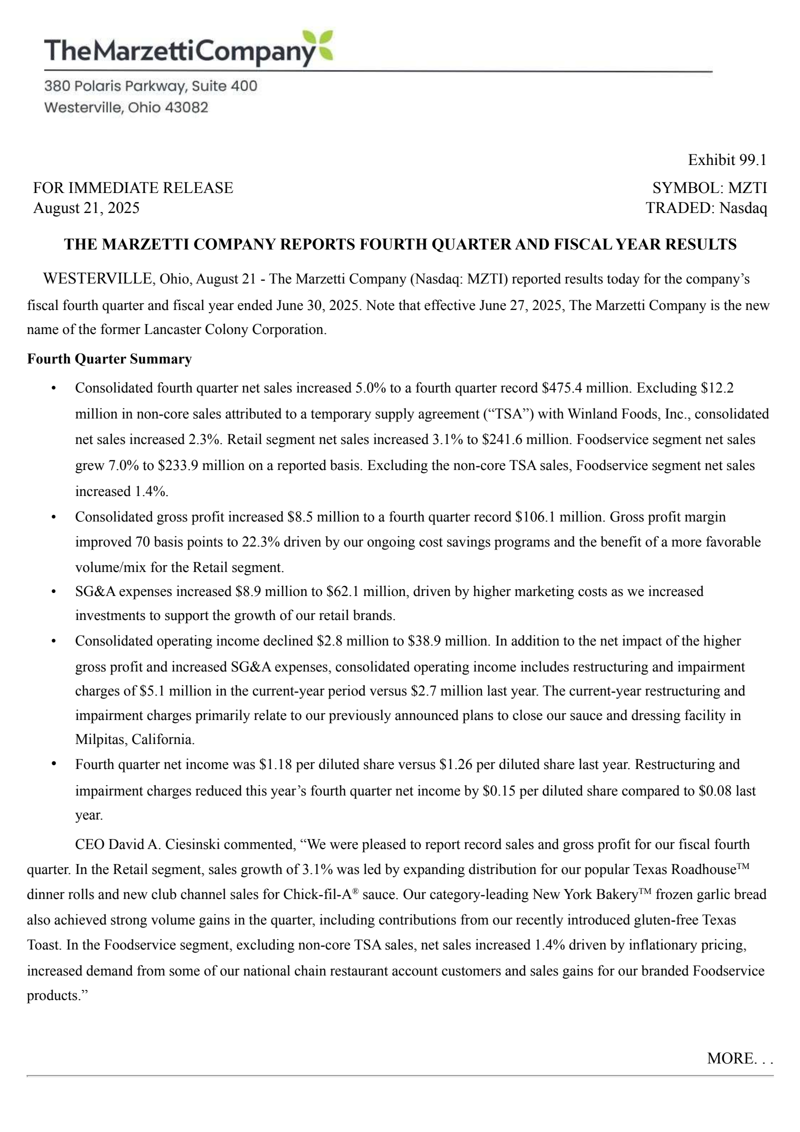 Marzetti's Q4 2025 Press Release