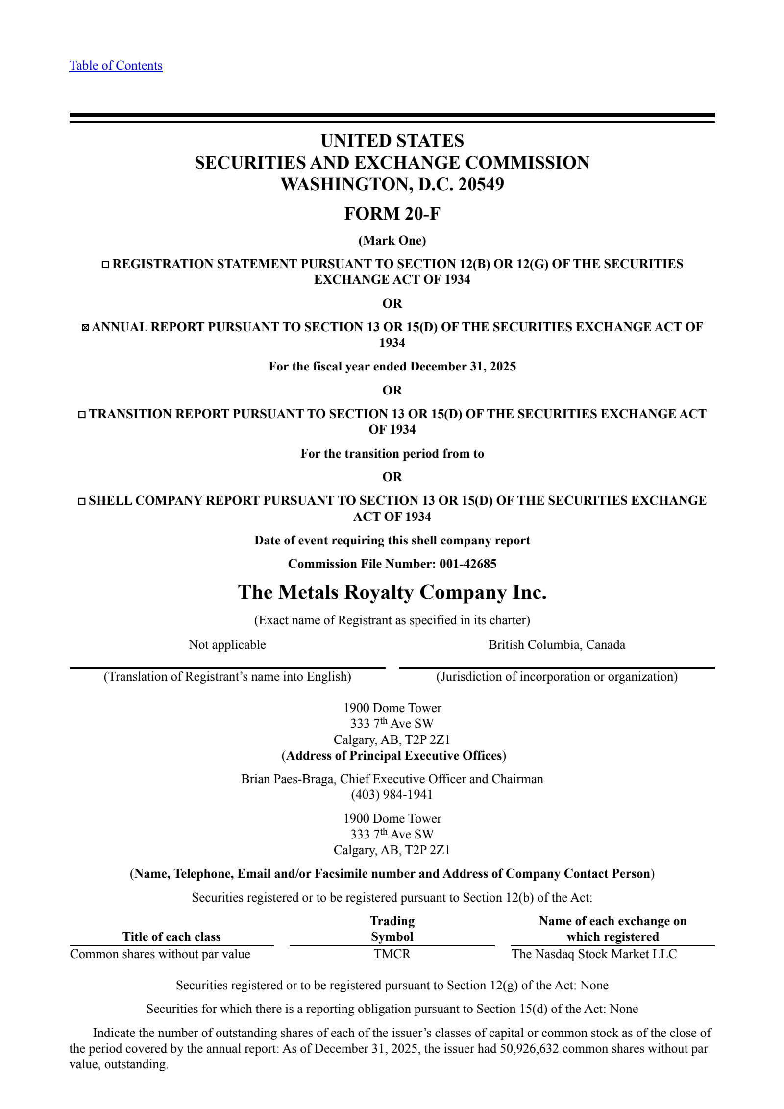 Metals Royalty Co Inc. The's Q4 2025 Annual report