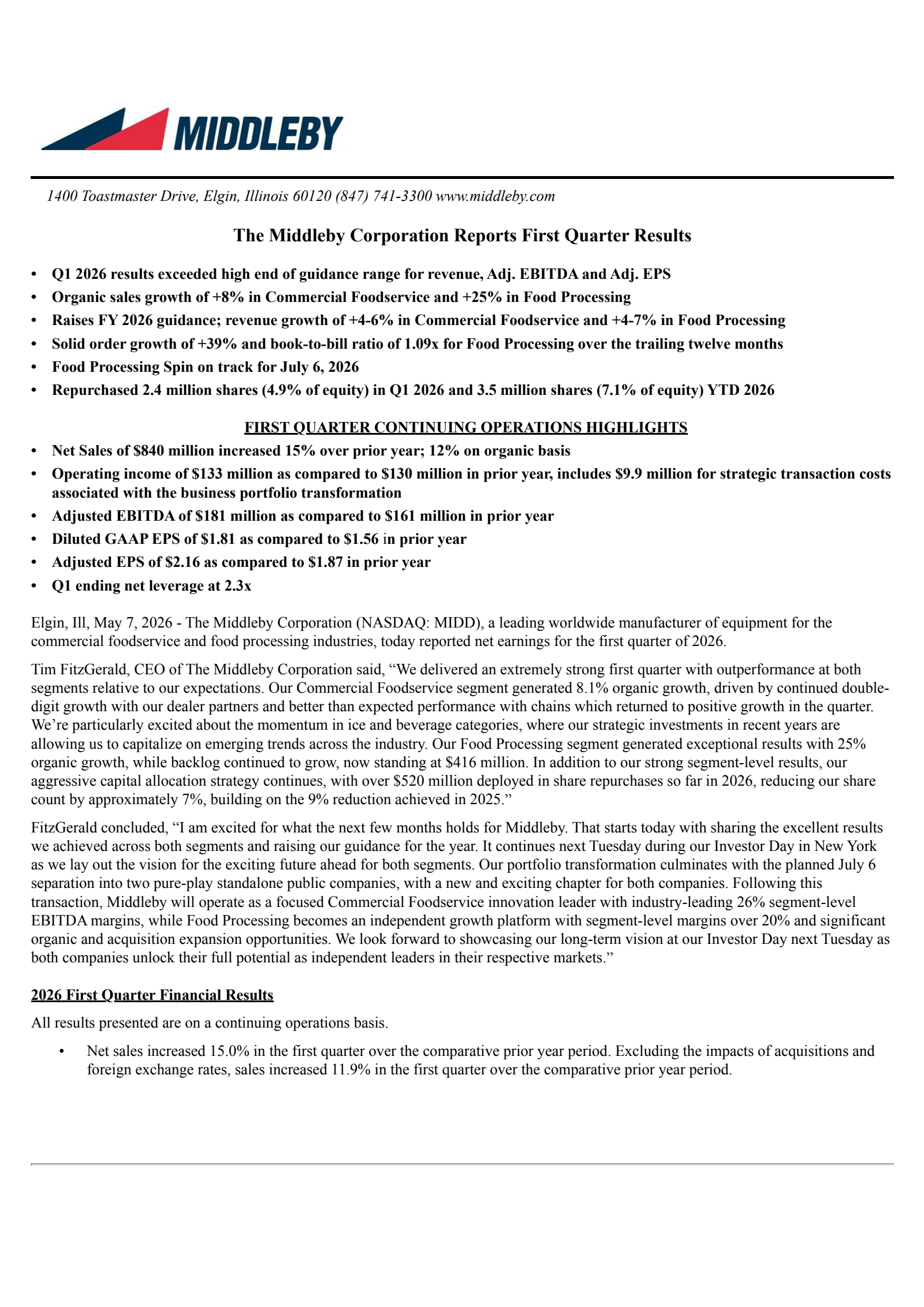 Middleby's Q1 2026 Press Release