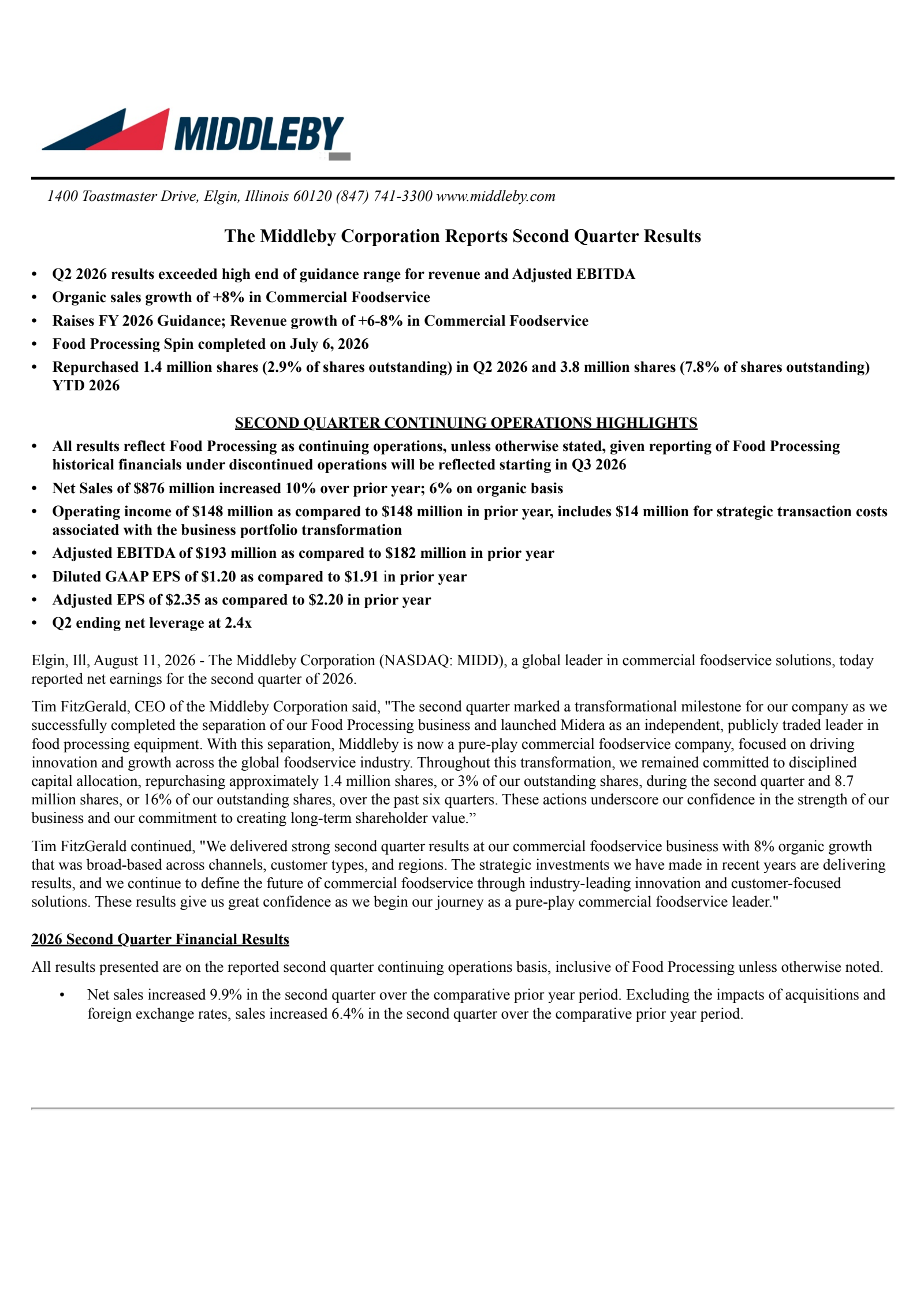 Middleby's Q2 2026 Press Release