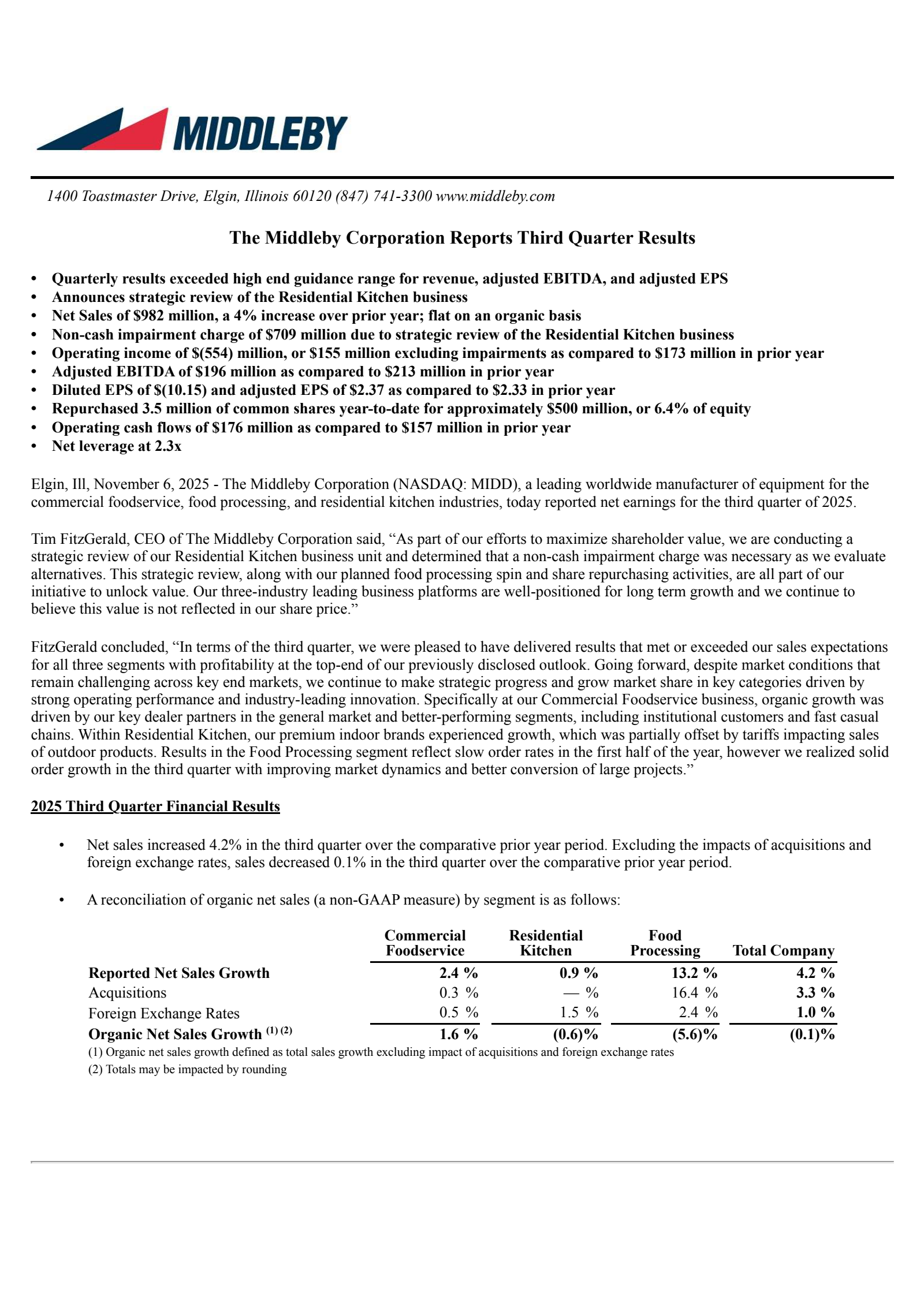 Middleby's Q3 2025 Earnings Release