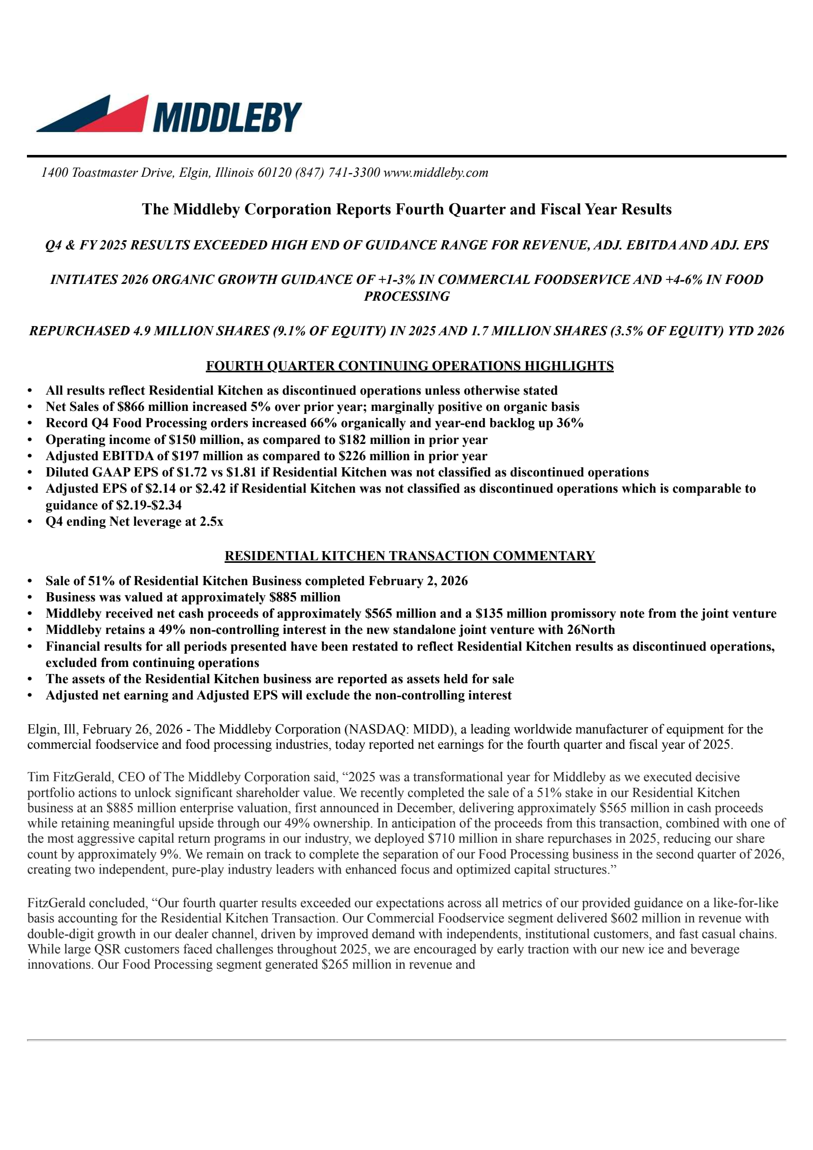 Middleby's Q4 2025 Press Release
