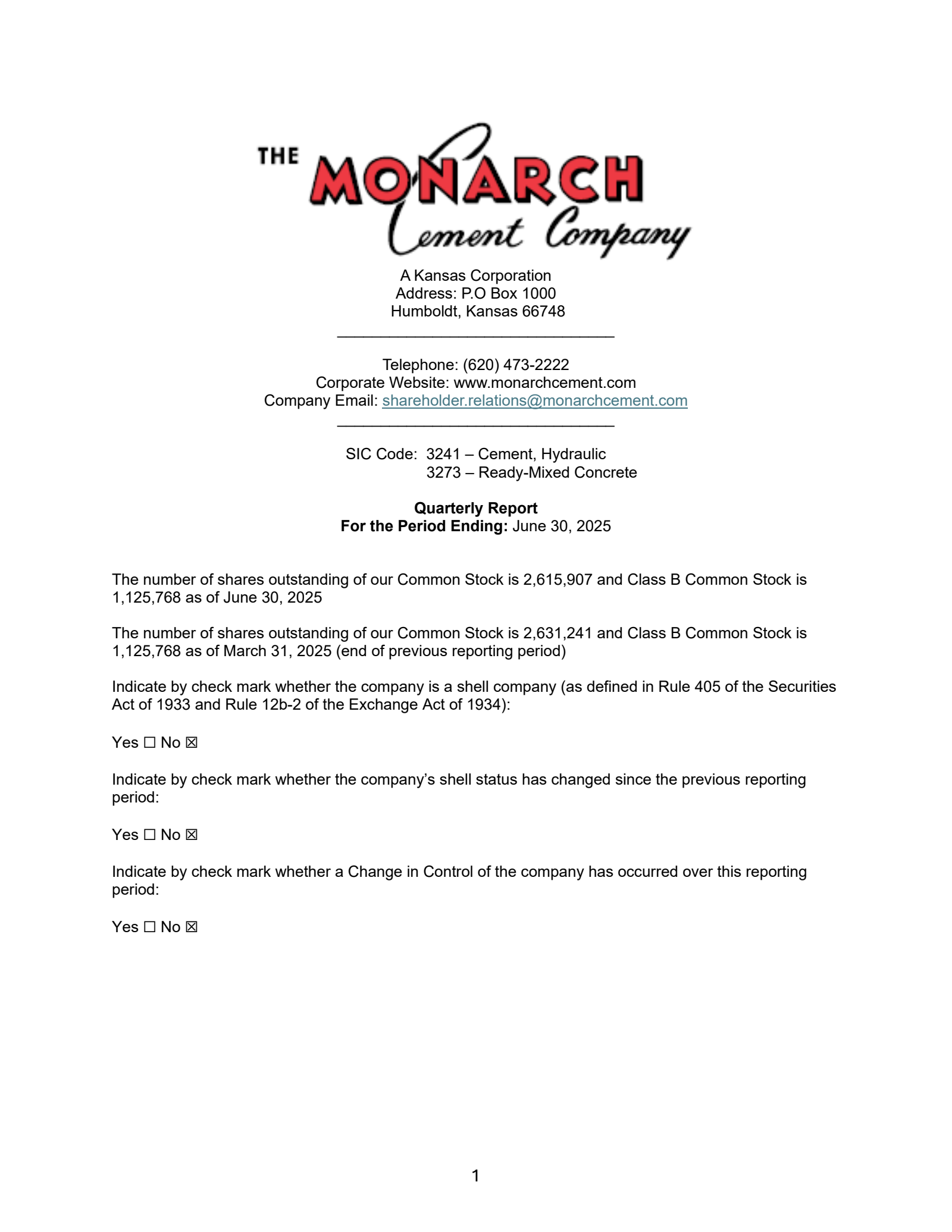 Monarch Cement's Q2 2025 Quarterly report