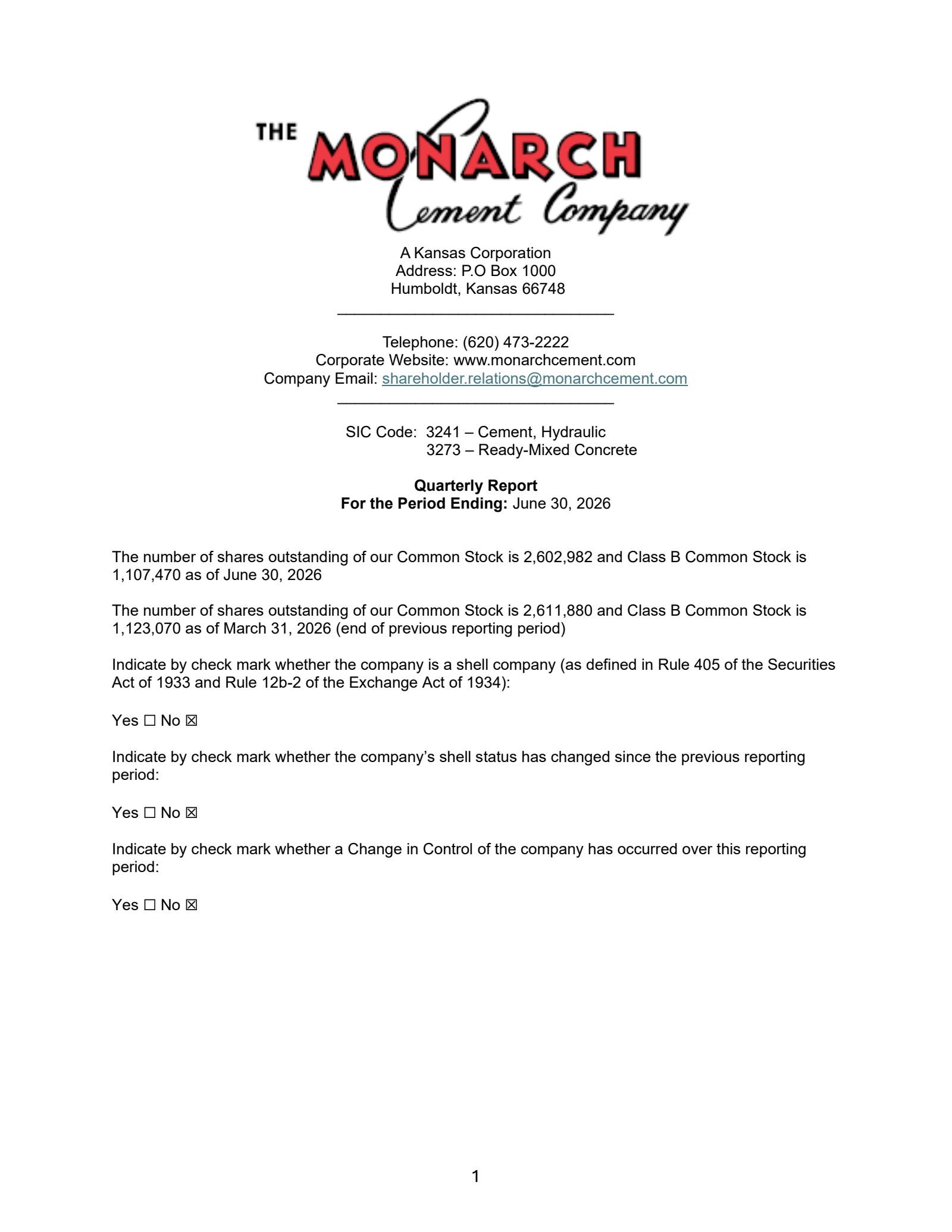 Monarch Cement's Q2 2026 Interim report