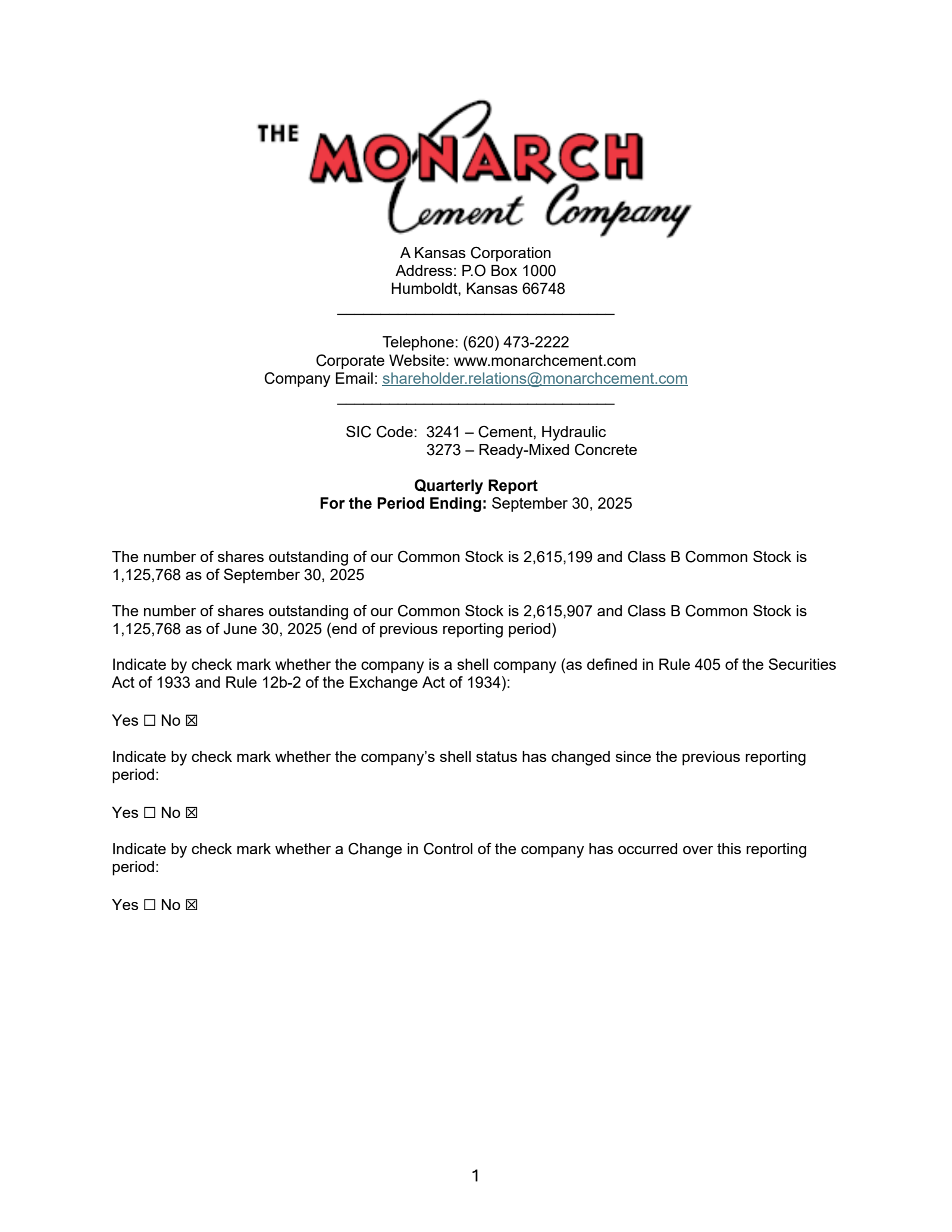 Monarch Cement's Q3 2025 Interim report