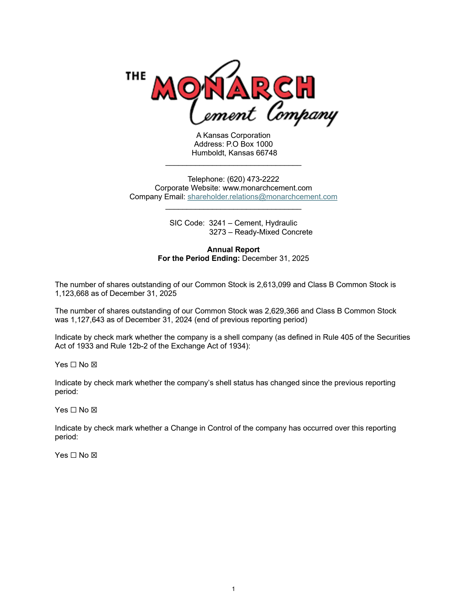Monarch Cement's Q4 2025 Annual report
