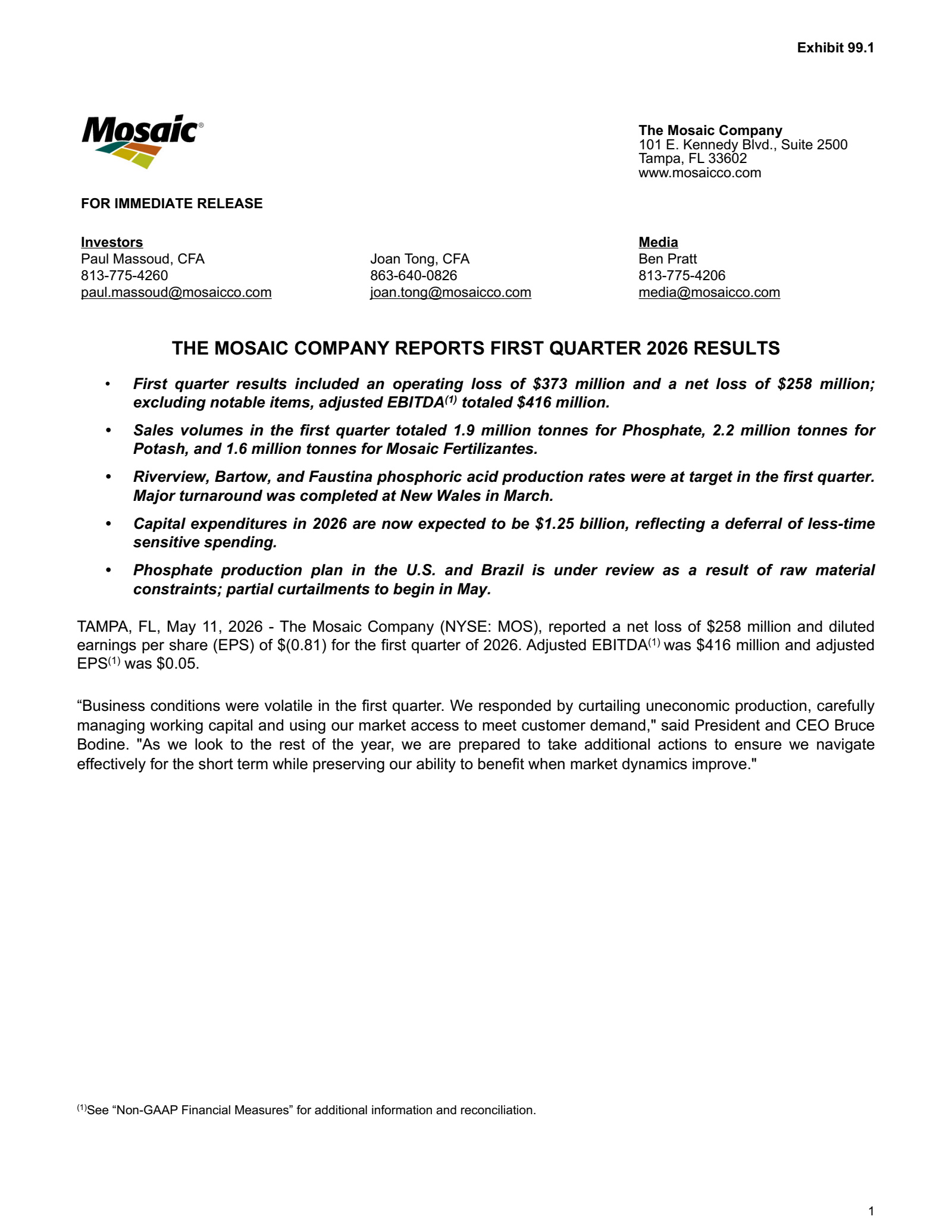 Mosaic's Q1 2026 Press Release