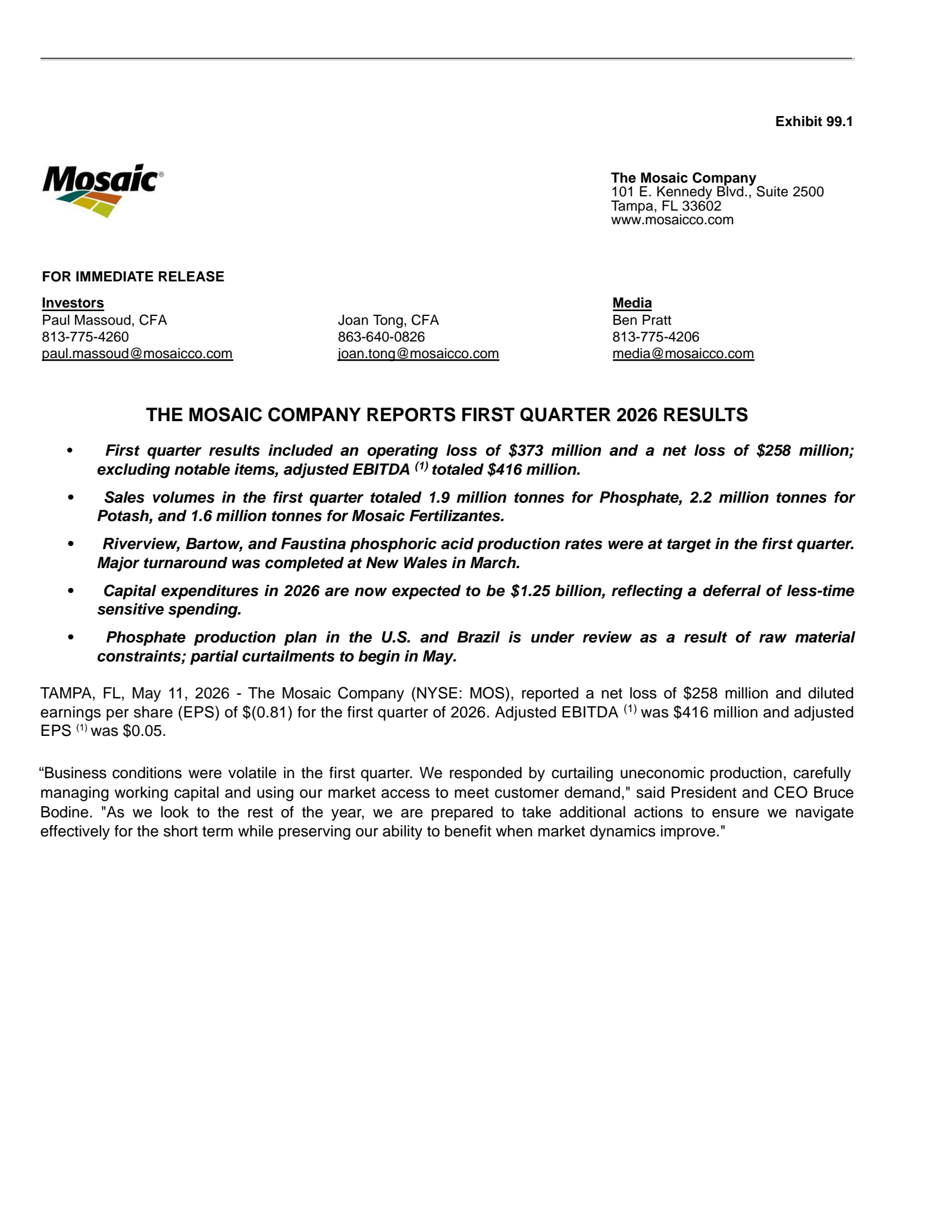 Mosaic's Q1 2026 Press Release