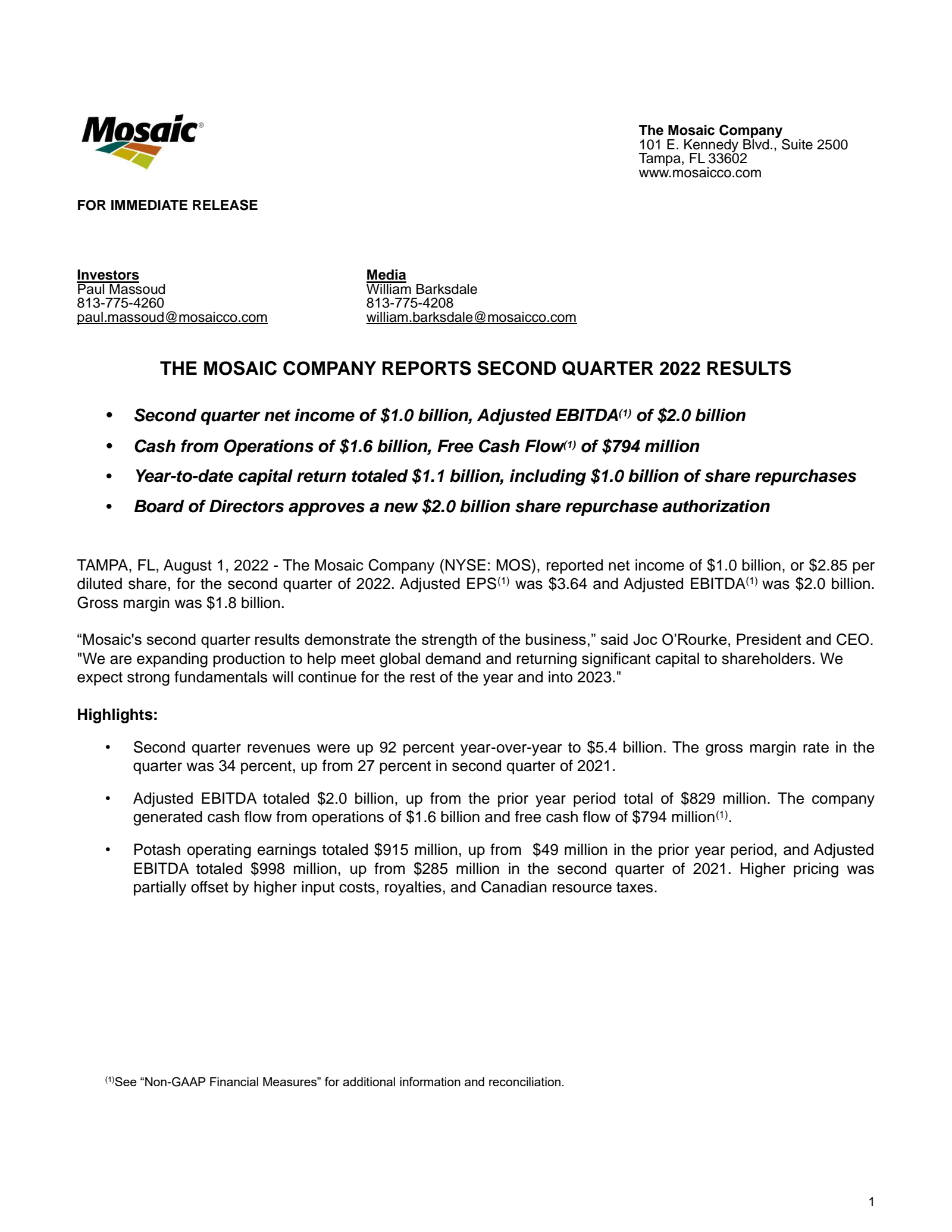 Mosaic's Q2 2022 Earnings Release