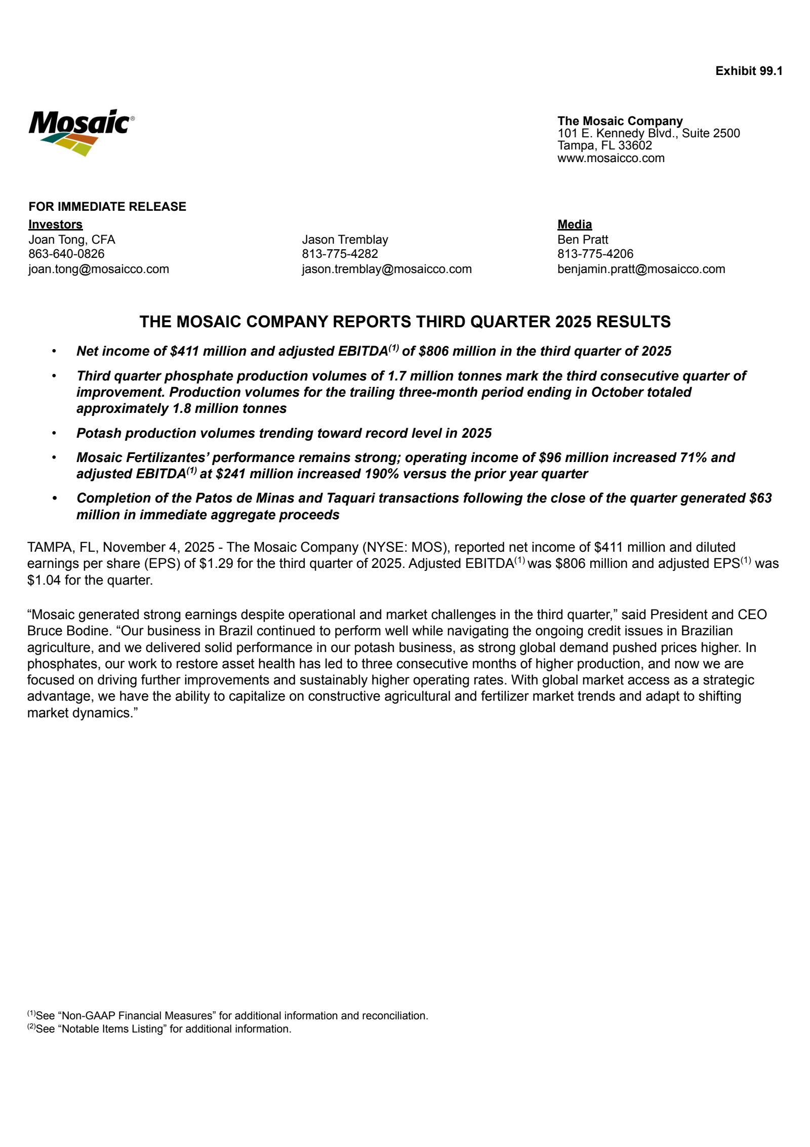 Mosaic's Q3 2025 Earnings Release