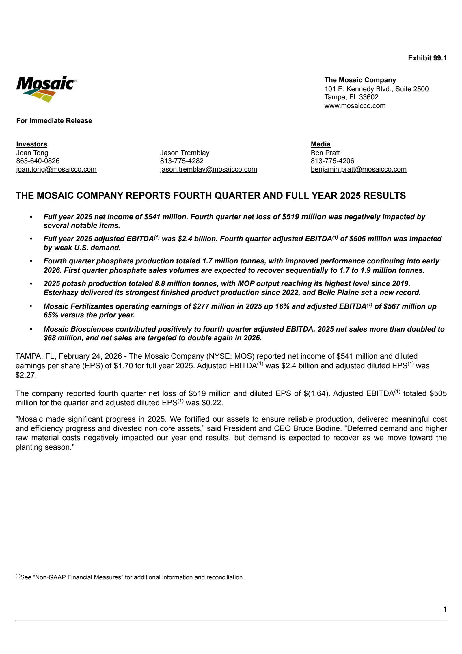 Mosaic's Q4 2025 Press Release