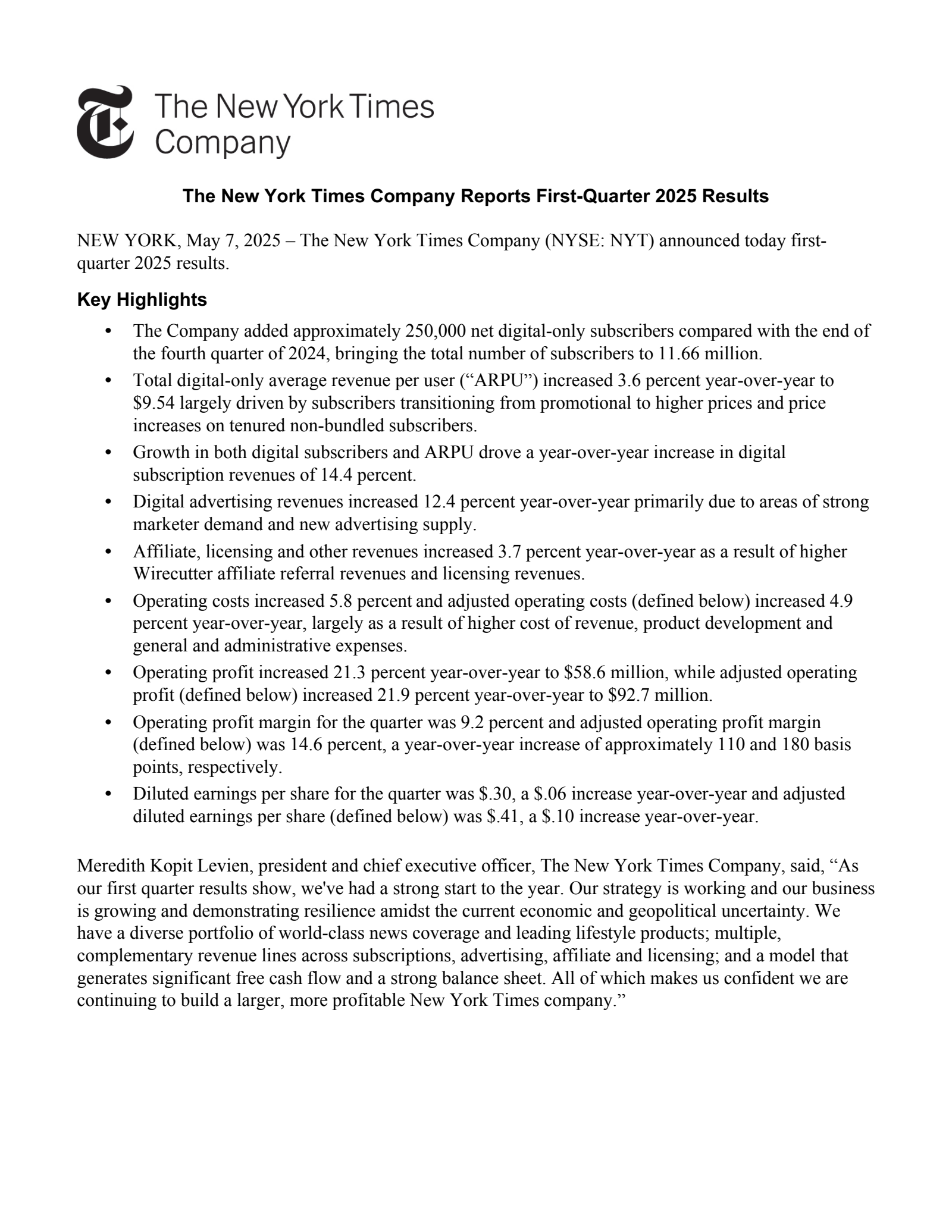 New York Times' Q1 2025 Earnings Release