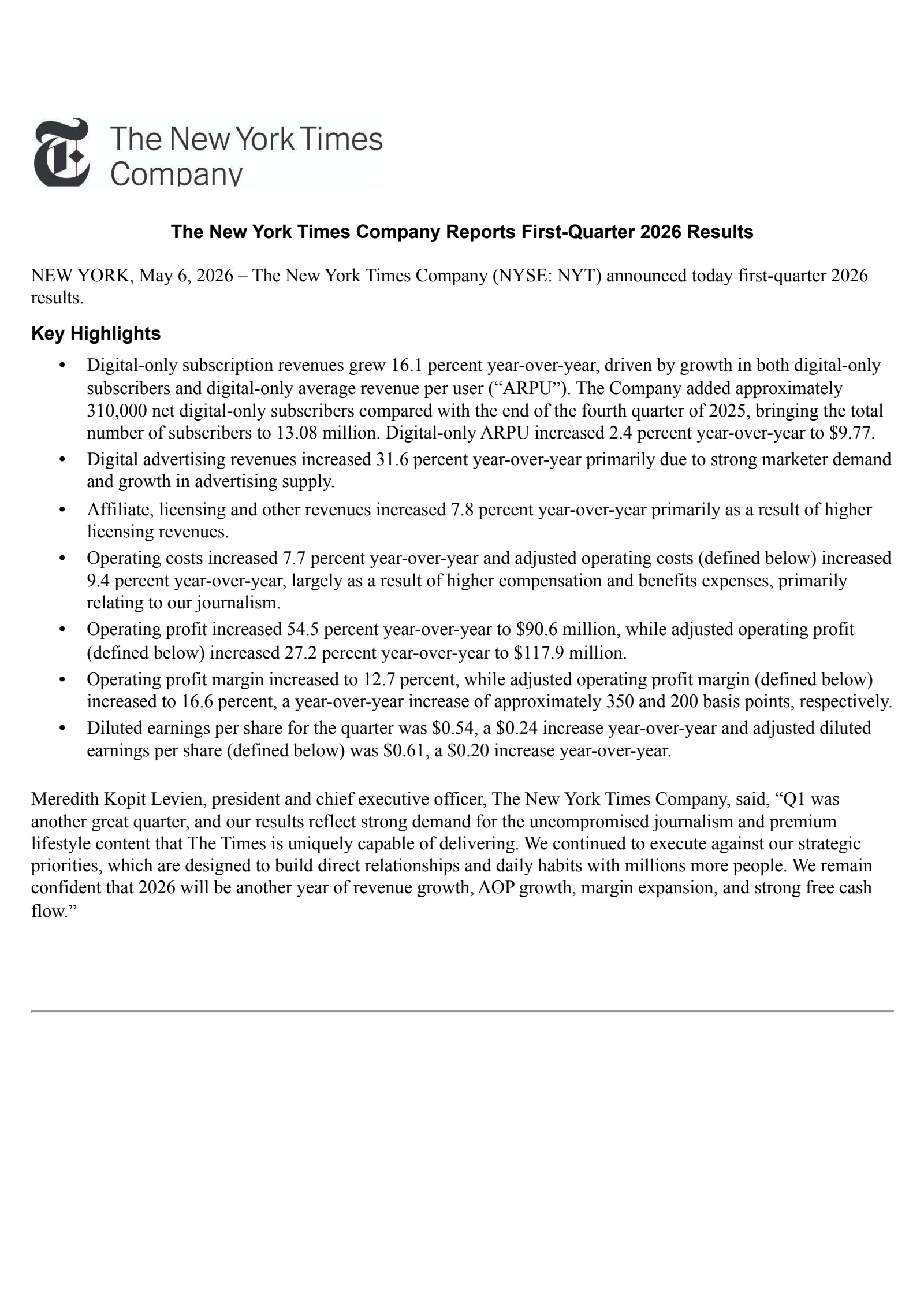 New York Times' Q1 2026 Press Release